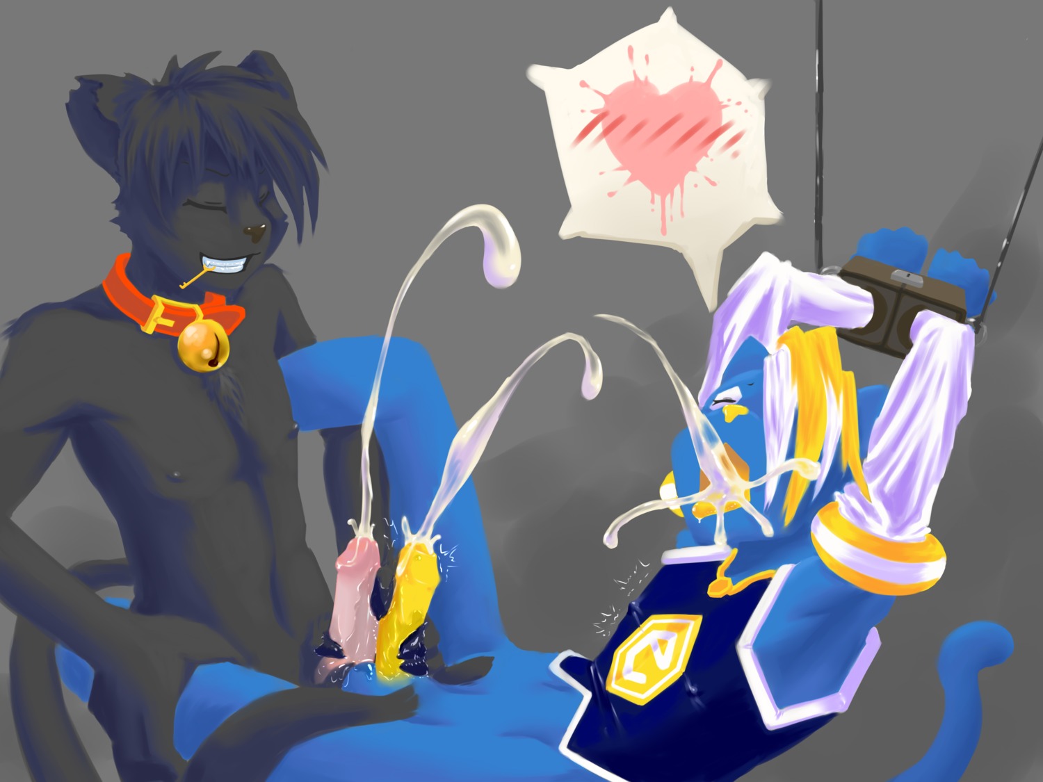 4:3 absurd_res anthro balls balls_touching bdsm bell black_body black_fur black_hair blonde_hair bodily_fluids bondage bottomless bottomless_anthro bottomless_male bound chizi clothed clothing collar cum cum_in_mouth cum_in_own_mouth cum_in_self cum_inside cum_on_face cum_on_own_face cum_on_self cumshot domestic_cat dominant dominant_male duo e621 ejaculation erection felid feline felis foreskin frottage fur genital_fluids genitals hair heart_symbol hexerade hi_res humanoid_genitalia humanoid_penis intraspecies lube male male/male mammal mascot nude orgasm penile penis penises_touching salem_(sutherncross2006) sex submissive submissive_male tail white_hair yellow_penis