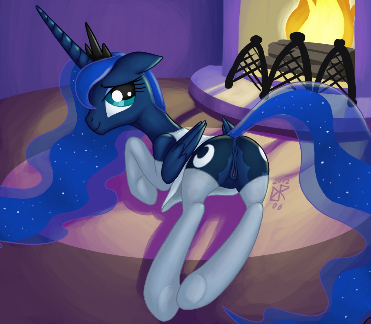 2012 anus blue_body blue_feathers butt clothed clothing crown cutie_mark digital_media_(artwork) e621 equid equine feathered_wings feathers female feral fire friendship_is_magic genitals hair happy hasbro headgear horn ldr legwear long_hair looking_at_viewer looking_back lying mammal my_little_pony mythological_creature mythological_equine mythology no_underwear on_front partially_clothed presenting presenting_hindquarters princess_luna_(mlp) smile solo stockings tail underwear vulva winged_unicorn wings