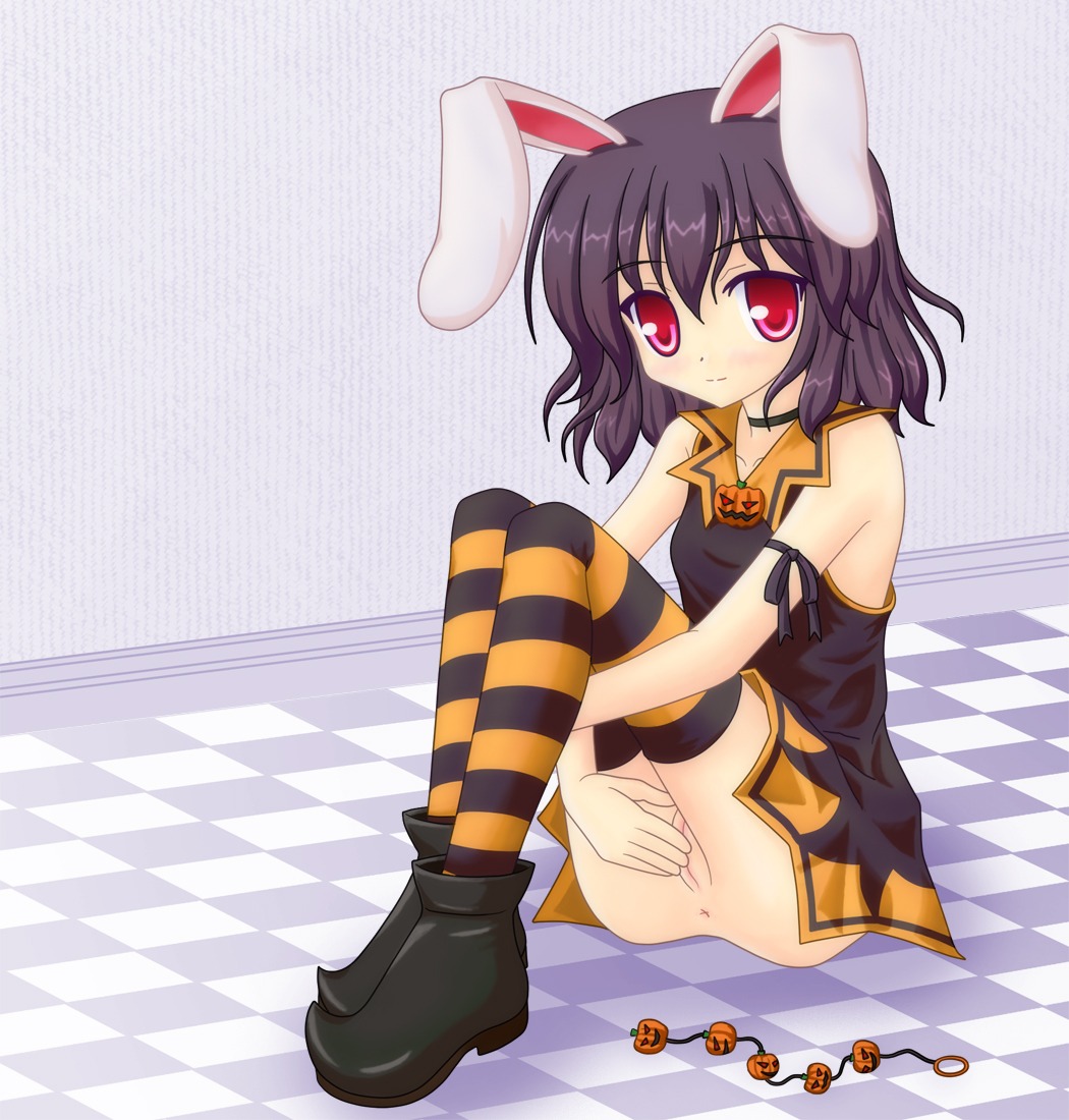 anal_beads animal_ears beige_skin black_hair bottomless bunny_ears closed_mouth color female female_only flat_chest halloween open_eyes red_eyes rule34 short_hair smile solo tewi_inaba touhou
