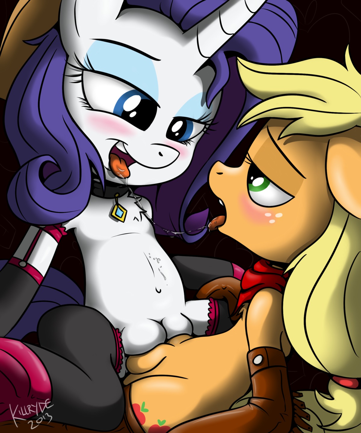2013 5:6 absurd_res applejack_(mlp) blue_eyes blue_eyeshadow blush bodily_fluids clothing collar cutie_mark duo e621 earth_pony equid equine eye_contact eyeshadow female female/female feral feral_on_feral freckles friendship_is_magic fur green_eyes hasbro hi_res horn horse killryde legwear looking_at_another makeup mammal my_little_pony mythological_creature mythological_equine mythology orange_body orange_fur pony rarity_(mlp) saliva saliva_string spread_legs spreading stockings teats thigh_highs udder_frottage unicorn white_body white_fur