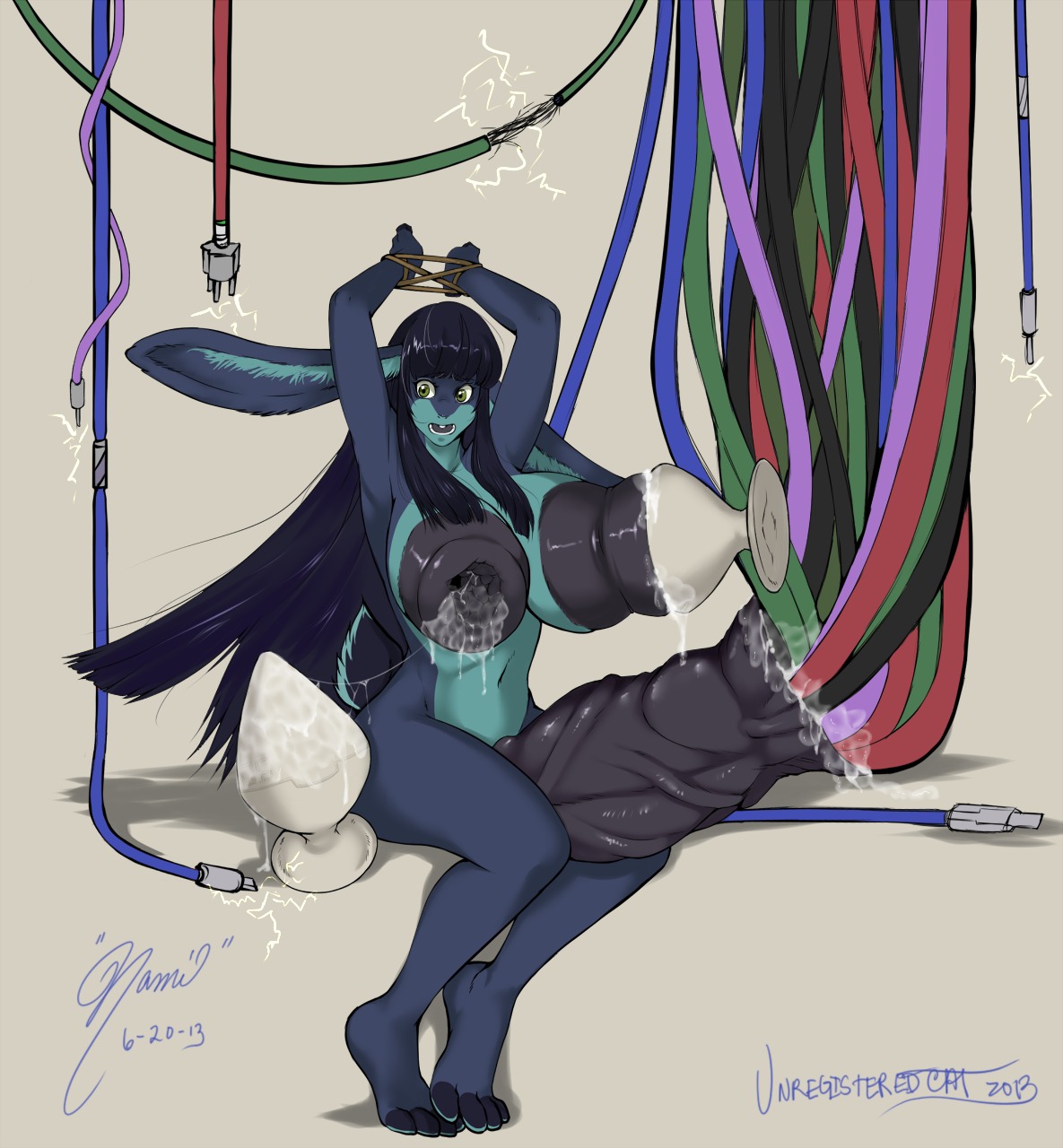 2013 anthro big_breasts big_nipples big_penis biped black_nipples blue_body blue_fur blue_hair bodily_fluids bound breasts cable e621 electricity erection feet fur gaping gaping_nipples genitals green_eyes gynomorph hair hi_res hindpaw huge_breasts huge_nipples huge_penis hyper hyper_breasts hyper_genitalia hyper_penis intersex lactating lagomorph leporid long_hair looking_at_viewer lube mammal milk nami-chan navel nipple_fetish nipple_penetration nipple_play nipple_plugs nipples nude paws penetration penis plug_(sex_toy) rabbit sex_toy sitting solo unregisteredcat urethral urethral_penetration vein