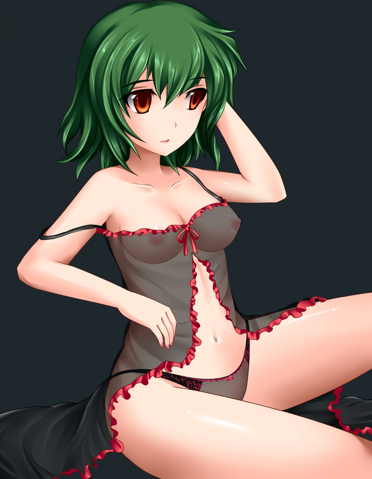 1girls black_panties dark_background dark_blue_background female gown green_eyes light-skinned_female light_skin lingerie orange_eyes panties rule34 see-through_clothing see-through_panties touhou yuka_kazami