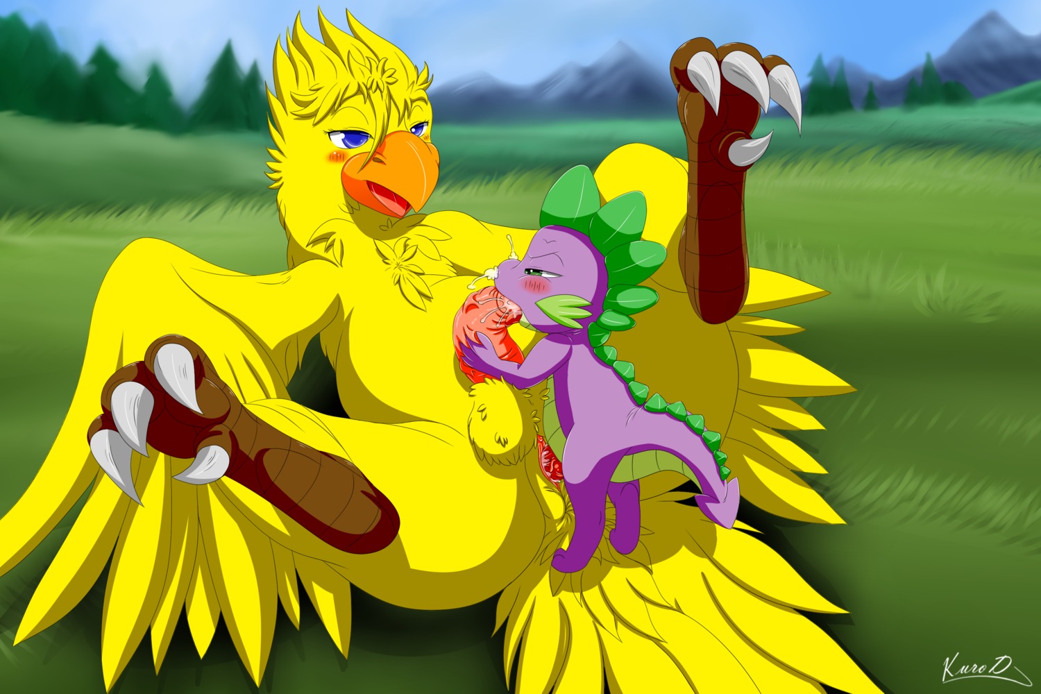 2013 3:2 anus avian balls bodily_fluids chocobo claws clitoris crossover cum cum_from_nose cum_in_nose cum_in_vagina cum_inside dragon duo e621 erection feathered_wings feathers fellatio feral final_fantasy friendship_is_magic genital_fluids genitals grass hasbro herm herm_feral hi_res intersex intersex_feral interspecies kuroodod lying male male_penetrating mountain my_little_pony mythological_creature mythological_scalie mythology on_back oral oral_penetration outside penetration penile penis plant scalie sex signature sky spike_(mlp) square_enix tail vaginal vaginal_penetration vulva wings