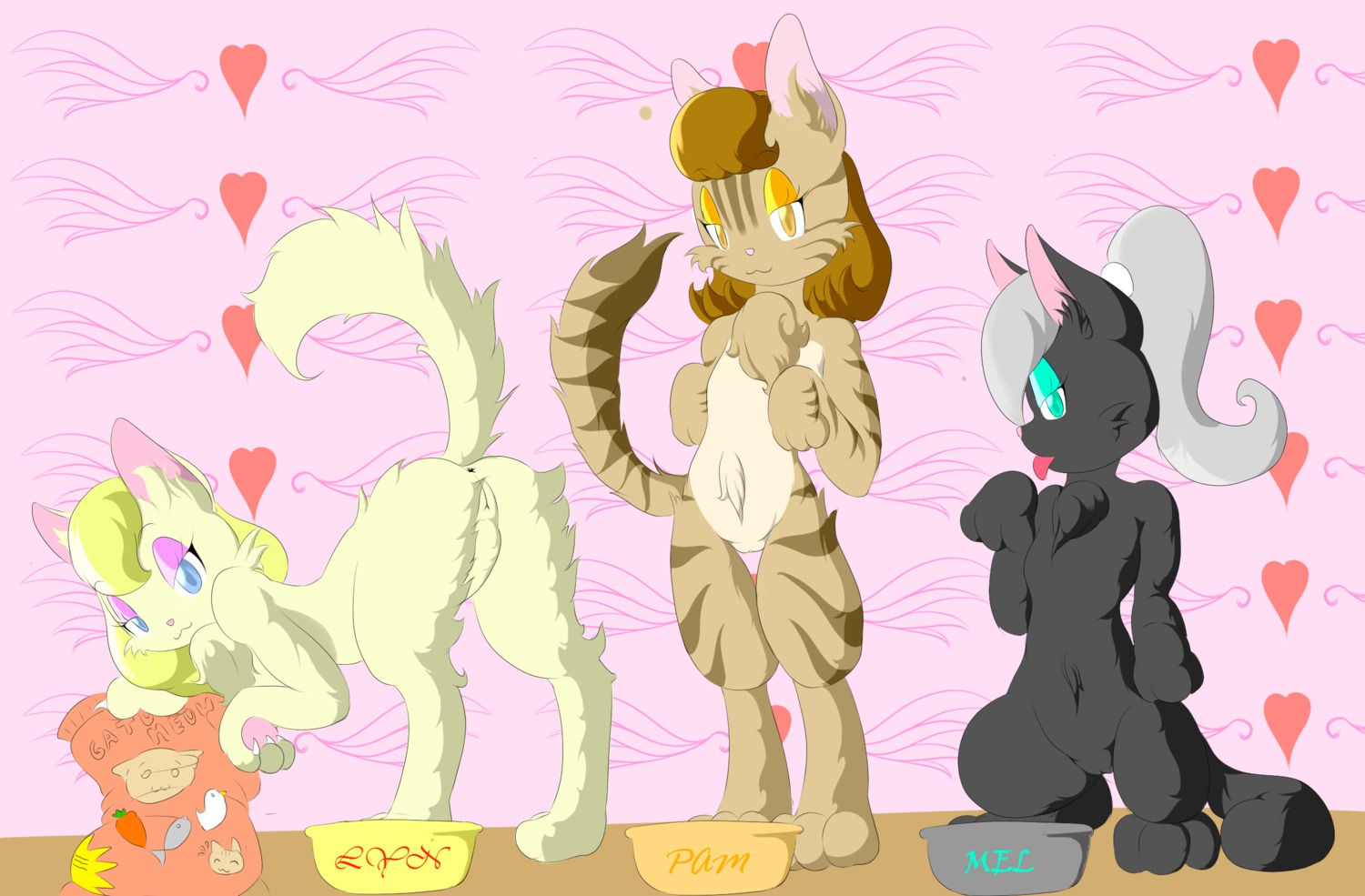 anthro anus bent_over claws domestic_cat e621 felid feline felis female fur genitals group half-closed_eyes hi_res killy00 looking_at_viewer mammal narrowed_eyes paws tail tongue vulva
