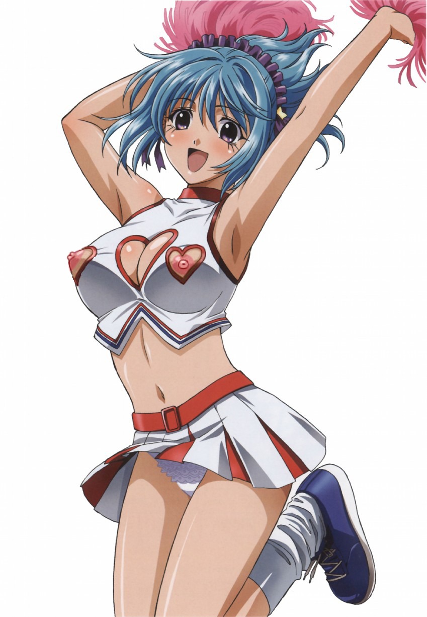 1girls belt blue_hair blue_shoes cheerleader cleavage_cutout demon demon_girl female hair_ornament hair_ribbon kurono_kurumu looking_at_viewer loose_socks midriff nipple_cutout nipples panties pom_poms purple_eyes rosario+vampire rule34 simple_background skirt smile sneakers socks solo succubus upskirt white_background white_panties white_socks
