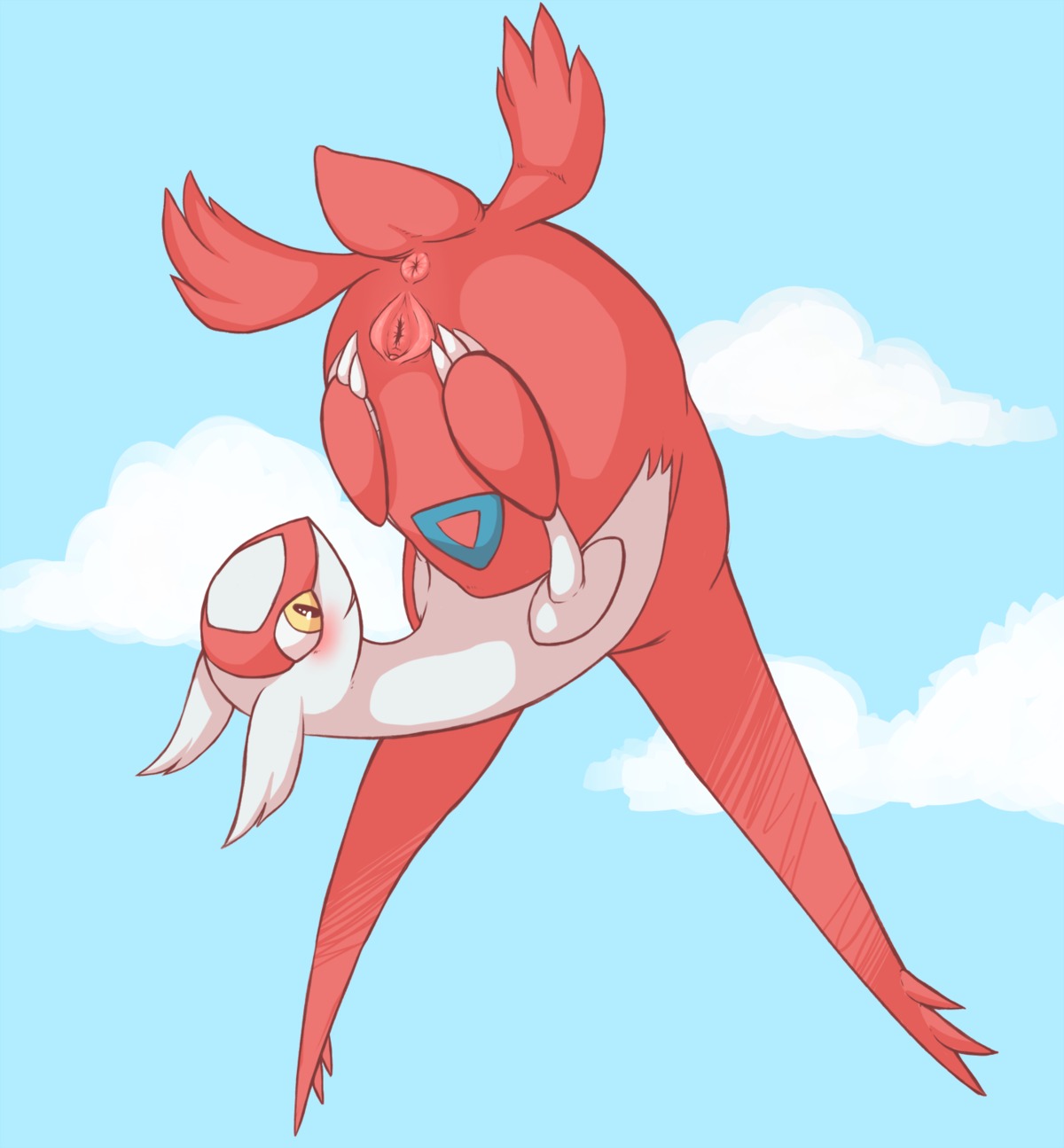 3_fingers anus blush butt claws cloud e621 female feral fingers fur generation_3_pokemon genitals glistening happy hi_res kabramari latias legendary_pokemon nintendo nude outside pokemon pokemon_(species) shadow sky skyscape smile solo spread_vulva spreading teeth upside_down vulva yellow_eyes