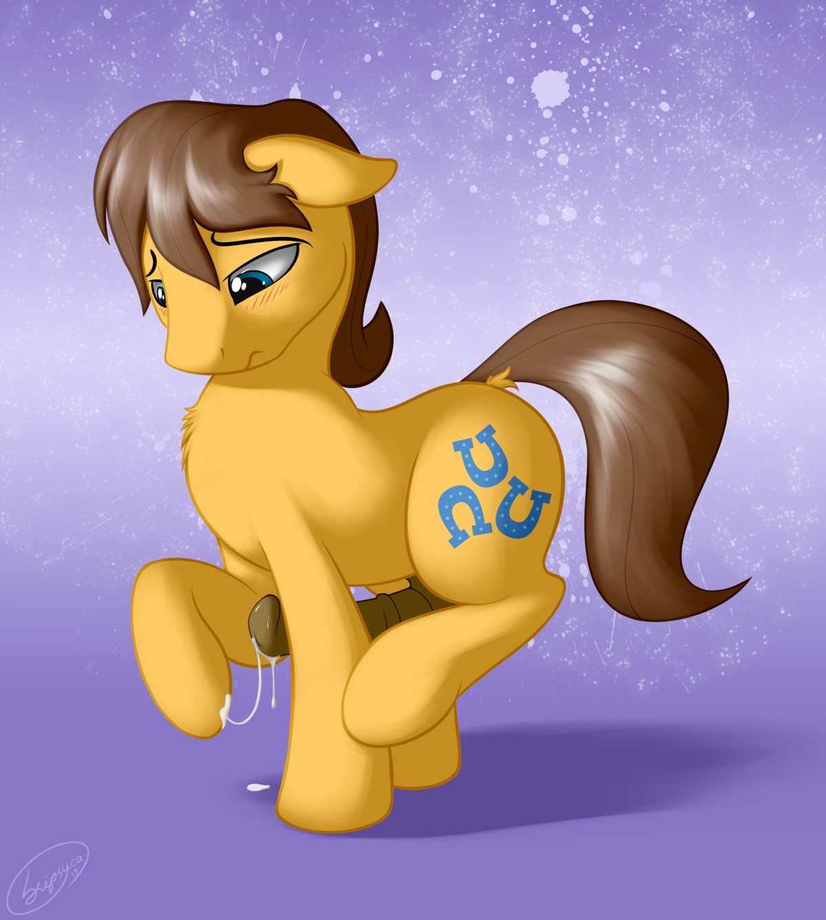 abstract_background absurd_res animal_genitalia animal_penis blue_eyes blush bodily_fluids brown_hair caramel_(mlp) cum cum_string cutie_mark digital_media_(artwork) e621 earth_pony equid equine equine_genitalia equine_penis erection feral friendship_is_magic genital_fluids genitals hair hasbro hi_res horse male mammal masturbation medial_ring my_little_pony nude penile penile_masturbation penis pony precum simple_background skipsy solo tail yellow_body