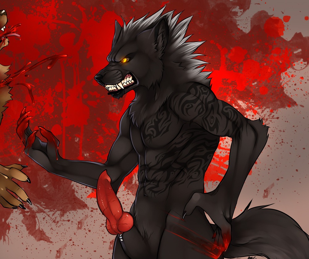 abstract_background animal_genitalia anthro azelyn blood bodily_fluids canid canine canis e621 erection furgonomic_piercing furgonomics genital_piercing genitals glare gore hugowolf knot male mammal muscular muscular_anthro muscular_male nude penis piercing sheath sheath_piercing simple_background solo tail tattoo teeth violence wolf