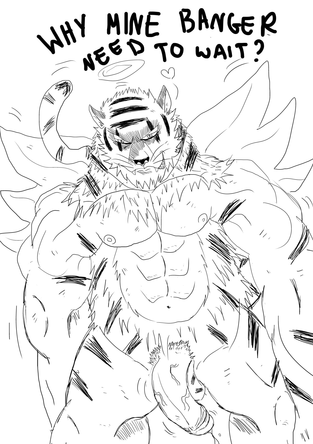 absurd_res angel bodily_fluids cum e621 english_text felid genital_fluids genitals half-erect hi_res humanoid_genitalia humanoid_penis male mammal monochrome muscular muscular_male nude pantherine penis solo text tiger tiger371