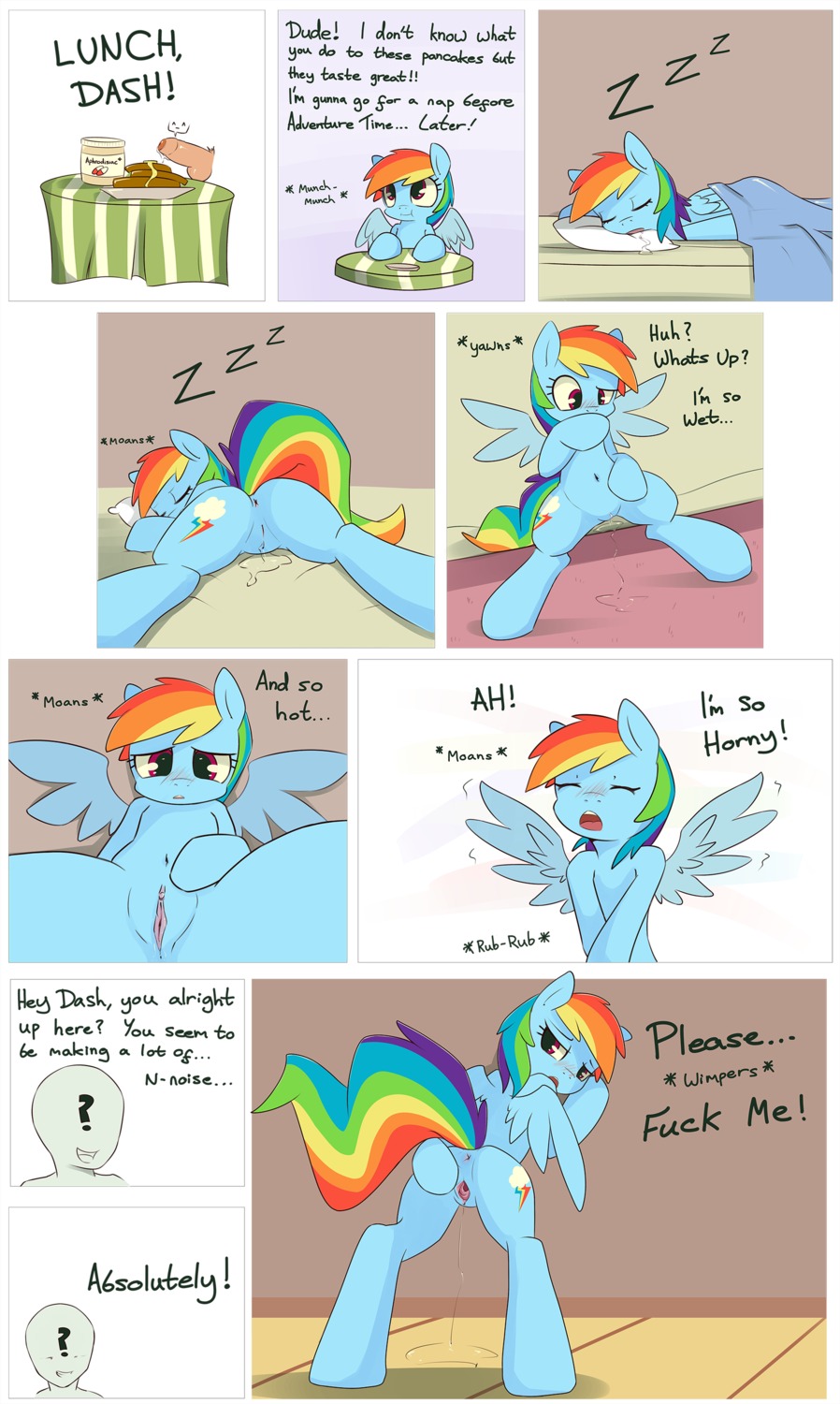 absurd_res anon anus blue_body blue_feathers blue_fur blush bodily_fluids butt digital_media_(artwork) duo e621 english_text equid equine erection eyes_closed feathered_wings feathers female feral food foreskin friendship_is_magic fur genital_fluids genitals grumblepluck hair hasbro hi_res human looking_back lying male mammal masturbation multicolored_hair my_little_pony mythological_creature mythological_equine mythology nude on_front pancake pegasus penis presenting presenting_hindquarters rainbow_dash_(mlp) rainbow_hair shaded sleeping spread_legs spread_vulva spreading tail text vaginal vaginal_fluids vaginal_masturbation vulva wing_boner wings