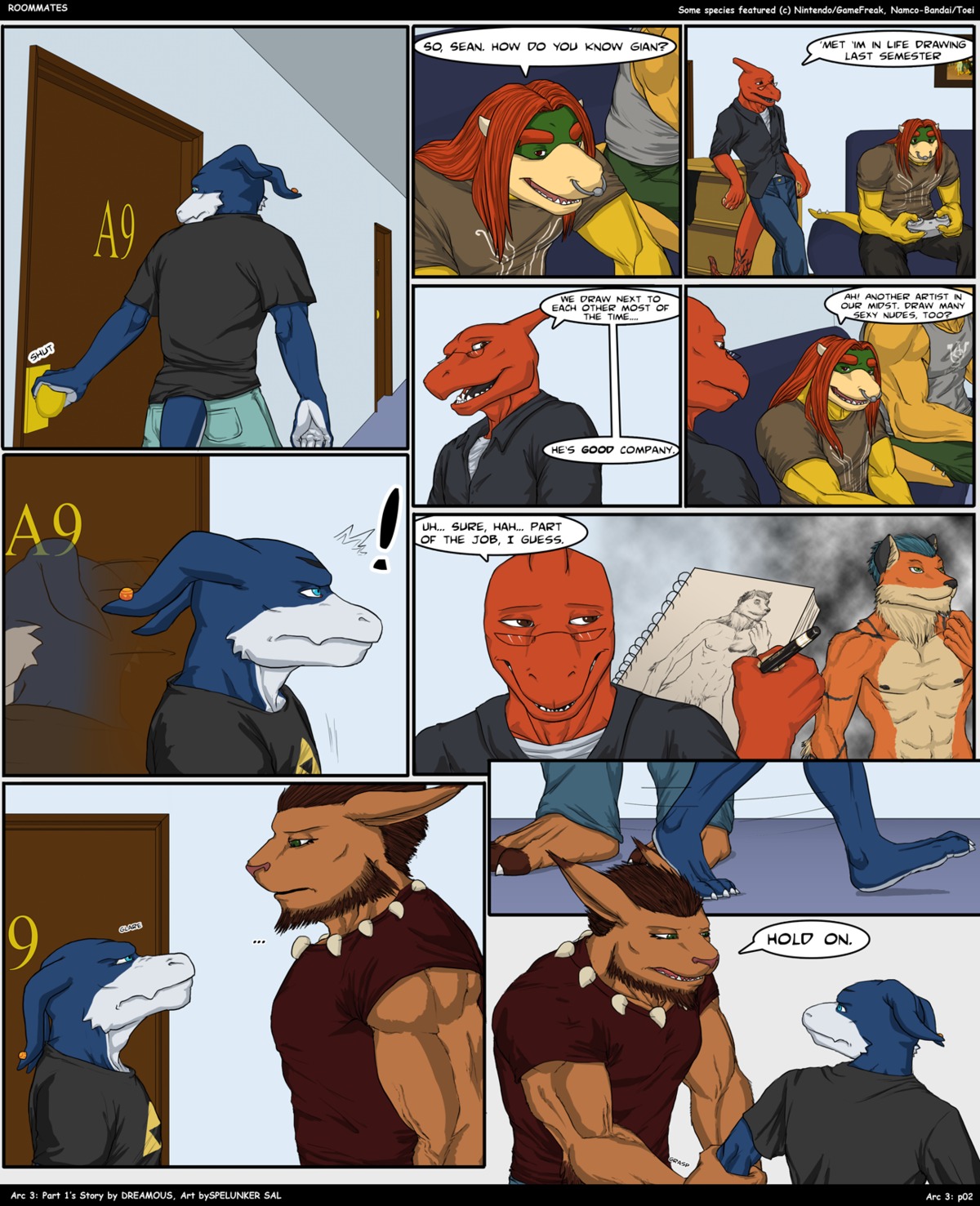 2011 angry anthro bald bandai_namco black_bars black_clothing black_shirt black_topwear blue_body blue_eyes blue_skin bowser_koopa_junior_(roommates) brown_eyes charmeleon clothing comic crossover dark_clothing dark_shirt dark_topwear dialogue digimon digimon_(species) drawing_(action) drawing_(object) drawing_in_a_drawing dreamous_(writer) e621 english_text eyewear facial_piercing fan_character felid final_fantasy flamedramon furgonomic_piercing furgonomics generation_1_pokemon giancarlo_rosato glasses group hi_res horn horn_piercing koopa koopaling leomon letterbox male mammal mario_bros mondo_cruz multiple_scenes muscular nintendo nose_piercing nose_ring orange_body orange_skin piercing pokemon pokemon_(species) print_clothing print_shirt print_topwear ring_piercing roommates_(comic) roy_koopa scalie sean_(roommates) septum_piercing shirt spelunker_sal square_enix t-shirt tail text the_legend_of_zelda topwear triforce triforce_clothing triforce_print triforce_shirt triforce_topwear