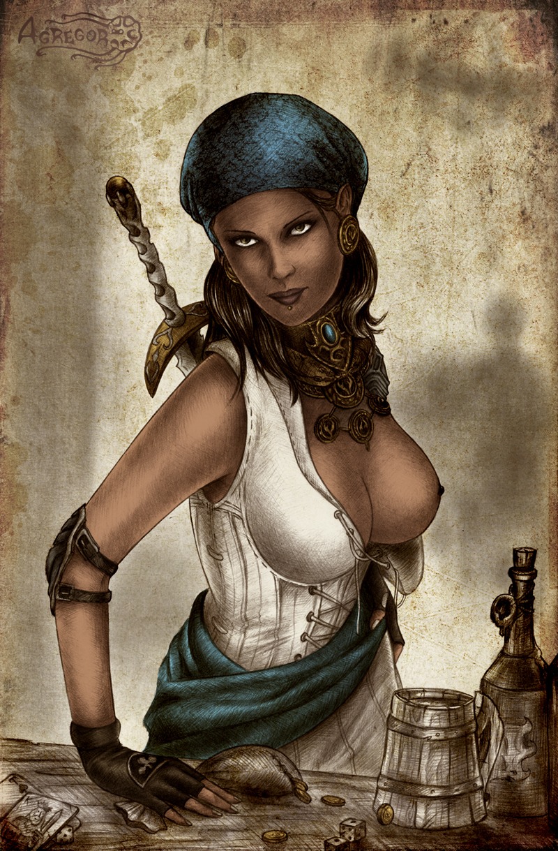 1girls 2d agregor bottle breasts breasts_out brown_eyes brown_hair coin dark_skin dice dragon_age dragon_age_2 female female_only isabela_(dragon_age) nipples rule34 solo solo_female
