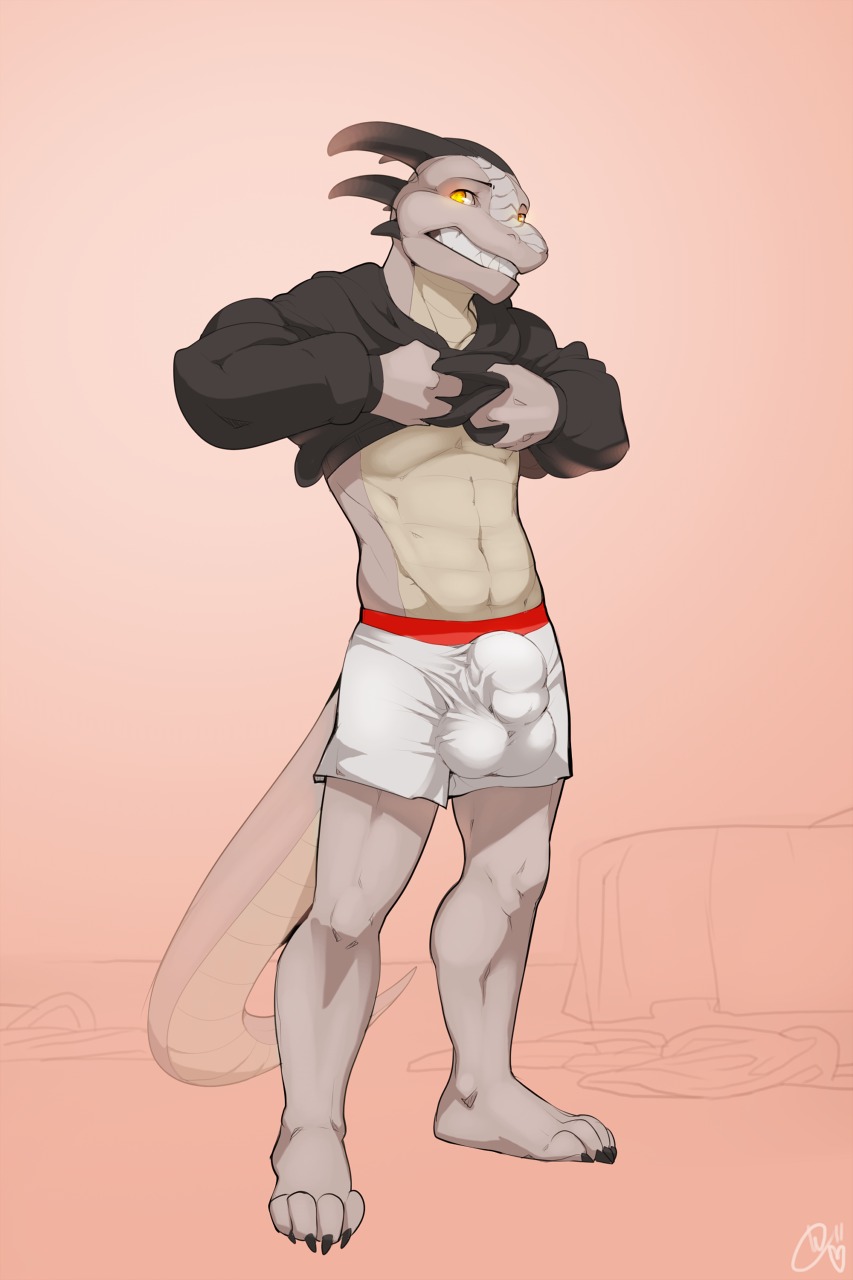 abs anthro balls balls_outline big_balls big_bulge boxers_(clothing) bulge changing_clothing clothed clothing clothing_lift detailed_bulge dressing e621 genital_outline genitals hi_res lizard male midriff muscular muscular_anthro muscular_male non-mammal_balls partially_clothed patto reptile scalie shirt shirt_lift solo sweater tail talash topwear underwear