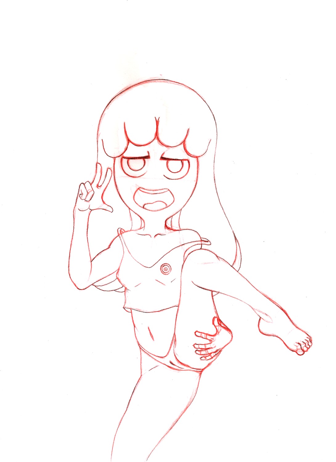 artist_request cameltoe female holding_thigh jelly_jamm long_hair milkshake! mina_(jelly_jamm) monochrome one_leg_up open_mouth peace_sign pussy rule34 spread_legs tank_top white_background