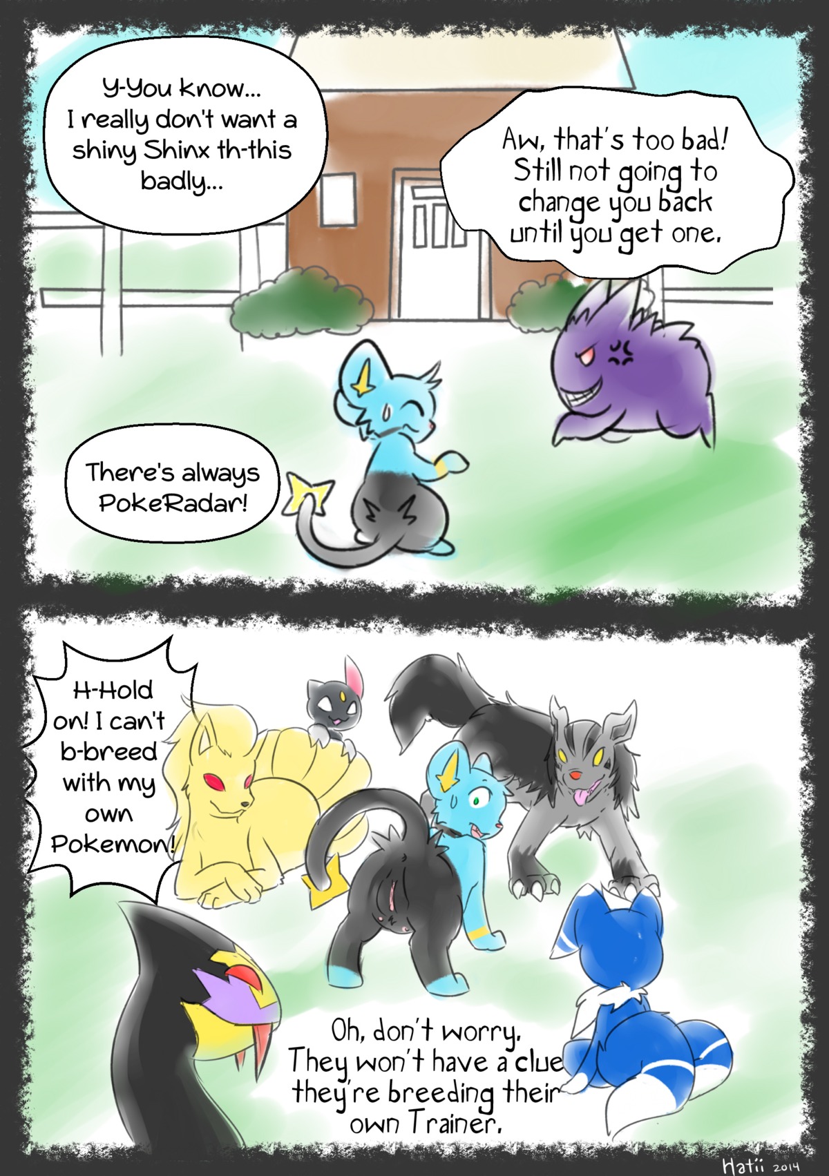 2_tails absurd_res after_transformation black_body black_fur blue_body blue_fur canid canine comic concern dipstick_ears dipstick_tail e621 ear_markings empty_eyes english_text exposed felid female feral fur generation_1_pokemon generation_2_pokemon generation_3_pokemon generation_4_pokemon generation_6_pokemon gengar genitals gloves_(marking) green_eyes group hair hatiimiga hi_res jaki-kun_(character) leg_markings male mammal markings meowstic meowstic_(male) mightyena multi_tail multicolored_ears ninetales nintendo nipples nude pokemon pokemon_(species) possession red_eyes seviper shinx shocked sneasel socks_(marking) surprised tail tail_markings teats text vulva white_ear_tips white_eyes white_hair white_tail_tip worried yellow_eyes