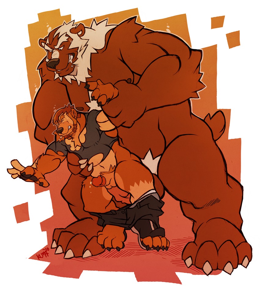 2010 anal anthro balls bear biceps big_penis bodily_fluids bottomwear bottomwear_down butt clothed clothing dominant duo e621 erection forced from_behind_position fur genital_fluids genitals initiation kuma larger_dom larger_male male male/male male_penetrated male_penetrating male_penetrating_male mammal muscular muscular_on_chubby overweight pants pants_down partially_clothed pecs penetration penis precum rape sex size_difference slightly_chubby smaller_male transformation transformation_through_sex ursine werecreature wereursid wereursine zeid