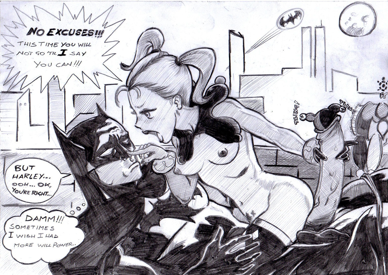 1boy 1girls angry batman batman_(bruce_wayne) batman_(series) big_penis blacktortoise breasts bruce_wayne cock_plug dc dc_comics dialogue drawn enemies enemies_with_benefits female funny harleen_quinzel harley_quinn harley_quinn_(classic) humor male medium_breasts monochrome naked nipples penis pigtails rule34 speech_bubble straight superhero supervillainess tagme veiny_penis