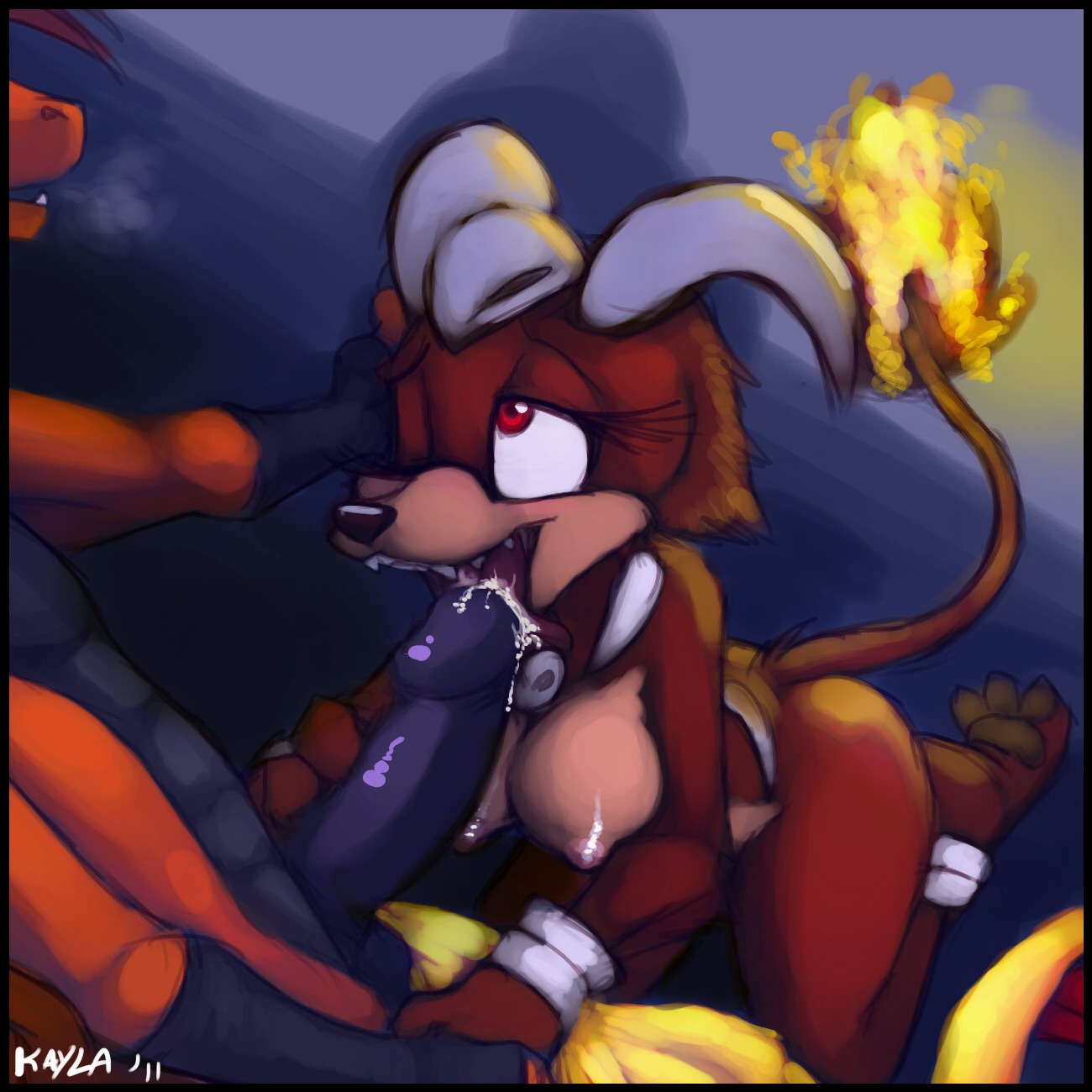 2011 breasts charizard cum fellatio female fire houndoom hybrid male mel_the_hybrid nintendo nipples one_eye_closed oral penis pokemon pokemon_(species) red_eyes rule34 scrafty straight tongue
