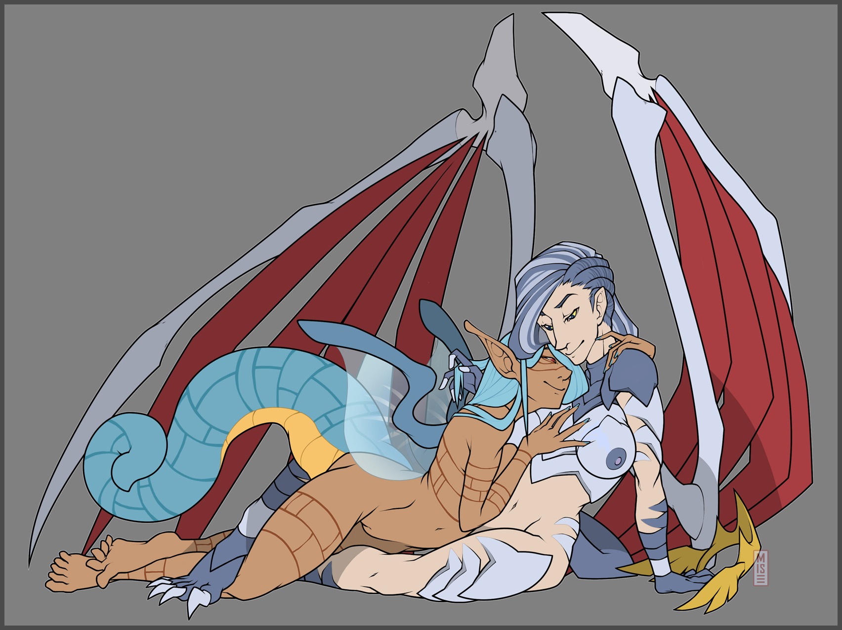 2014 alternate_species anthro anthrofied border breasts cuddling duo e621 female female/female generation_2_pokemon genitals grey_border hair hi_res human human_on_anthro humanized interspecies kingdra lying mammal misericorde nintendo nipples nude pokemon pokemon_(species) pokemorph red_eyes romantic romantic_couple simple_background skarmory smile tail thick_tail vulva wings