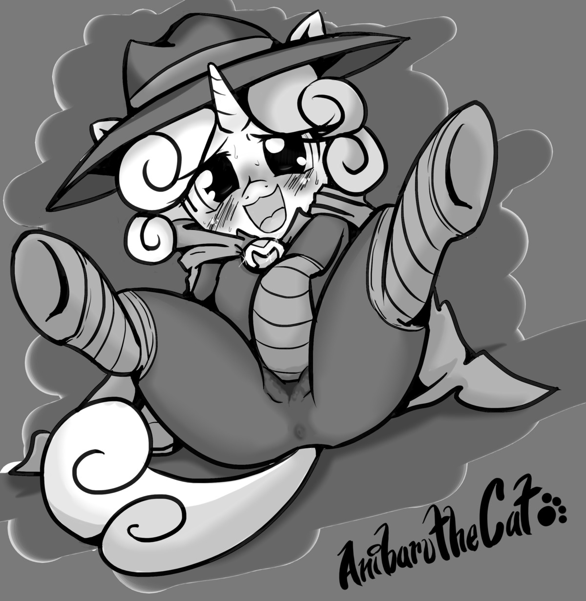 2014 absurd_res anibaruthecat bodily_fluids clothing costume digital_media_(artwork) e621 equid equine female feral friendship_is_magic greyscale hair hasbro hat headgear headwear hi_res horn legs_up loli looking_at_viewer mammal masturbation monochrome my_little_pony mythological_creature mythological_equine mythology open_mouth solo spread_legs spreading sweat sweetie_belle_(mlp) unicorn vaginal vaginal_masturbation young young_female young_feral