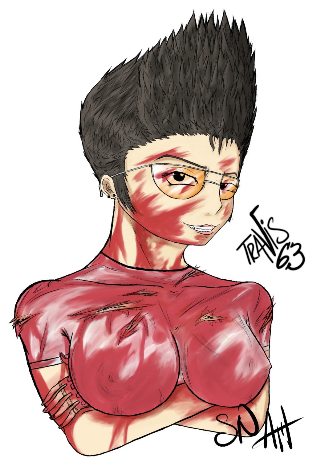black_hair blood blood_stain bloody_clothes bloody_face clothes color crossed_arms eyewear female female_only fingerless_gloves front_view glasses gloves hair human looking_at_viewer no_more_heroes open_eyes round_ears rule34 rule_63 short_hair smile solo stained_clothes torn_clothes travis_touchdown white_background