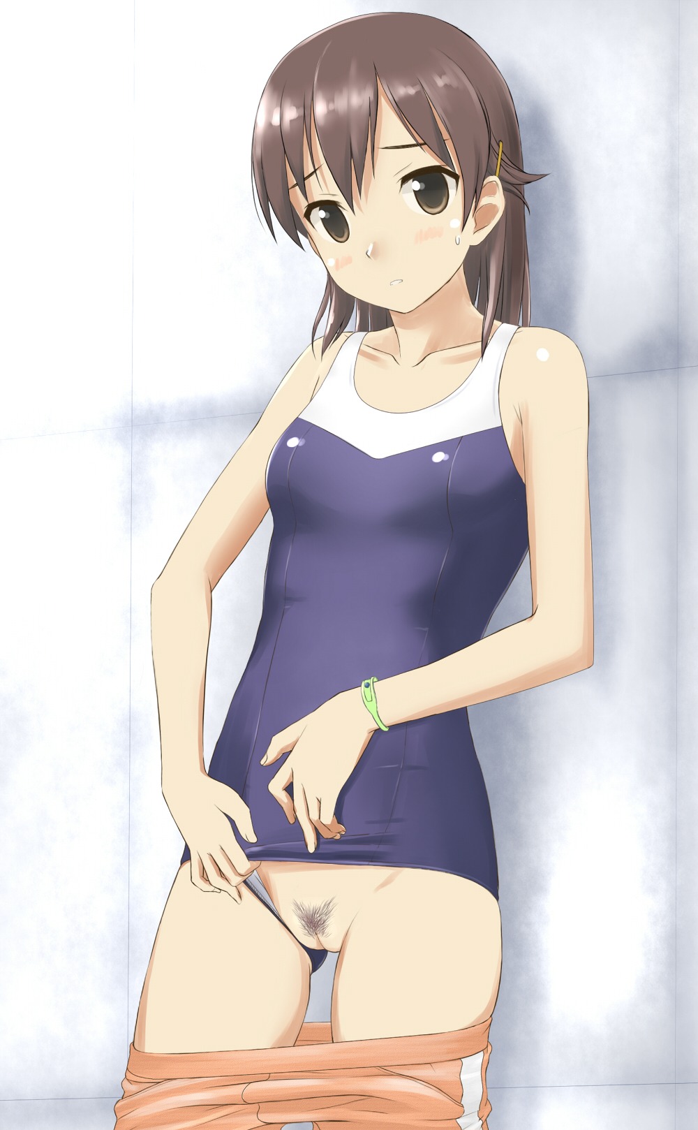 against_wall bare_shoulders blush bracelet brown_eyes brown_hair collarbone fat_mons female hair_ornament hairclip highres jewelry kyouno_madoka looking_at_viewer one-piece_swimsuit pants_pull parted_lips pointy_chin pubic_hair pussy rinne_no_lagrange rule34 solo sweatdrop swimsuit swimsuit_aside takafumi track_pants uncensored