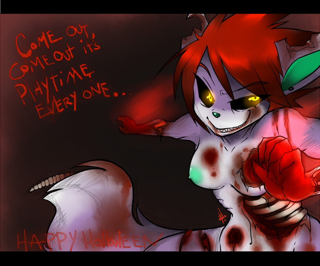 anthro breasts canid canine cyn. digital_media_(artwork) e621 female fox fur gore halloween holidays mammal nipples nude purple_body purple_fur rib_cage shaded solo tail undead yuuri_(character) zombie