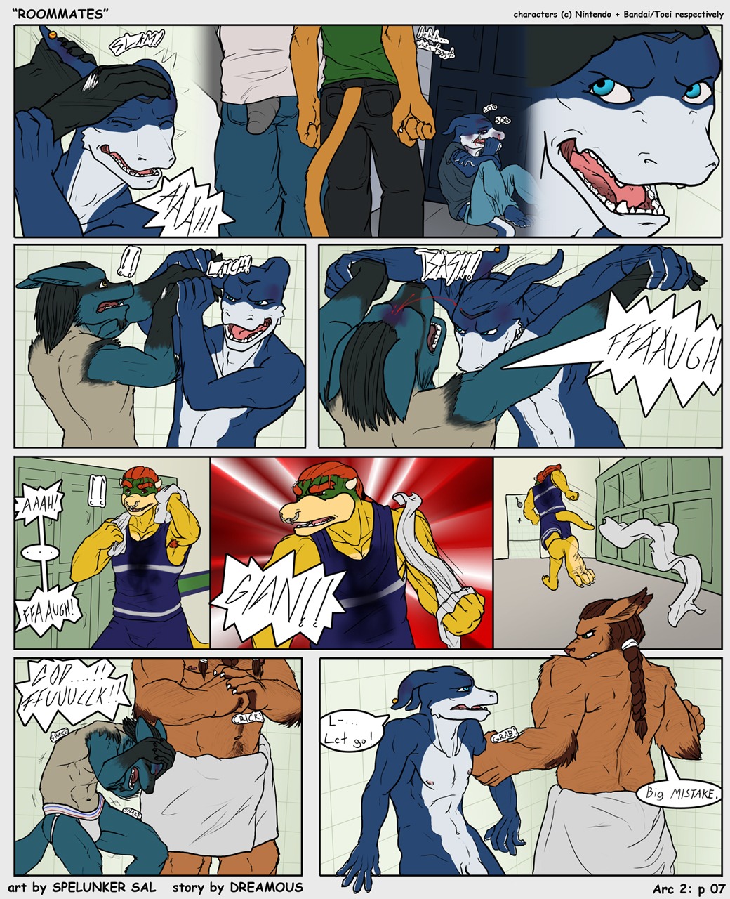 2010 anthro anthro_on_anthro anthrofied armpit_hair bandai_namco black_body black_fur black_hair blood blue_body blue_eyes blue_fur blue_skin bodily_fluids body_hair bottomwear bowser_koopa_junior_(roommates) brown_hair bullying canid canine clothing comic communal_shower crossover dialogue digimon digimon_(species) dreamous_(writer) e621 english_text eyes_closed facial_piercing fan_character felid fight flaccid flamedramon fur furgonomic_piercing furgonomics generation_4_pokemon genitals giancarlo_rosato group hair headbutt hi_res homophobia homophobic_slur jockstrap koopa leomon locker_room lucario male mammal mario_bros mondo_cruz multiple_scenes nintendo nose_piercing nose_ring nude olivier_oswald pants penis piercing pokemon pokemon_(species) pokemorph red_eyes red_hair ring_piercing roommates_(comic) scalie septum_piercing shower sound_effects spelunker_sal tail text towel towel_around_waist towel_only underwear violence yellow_body yellow_fur