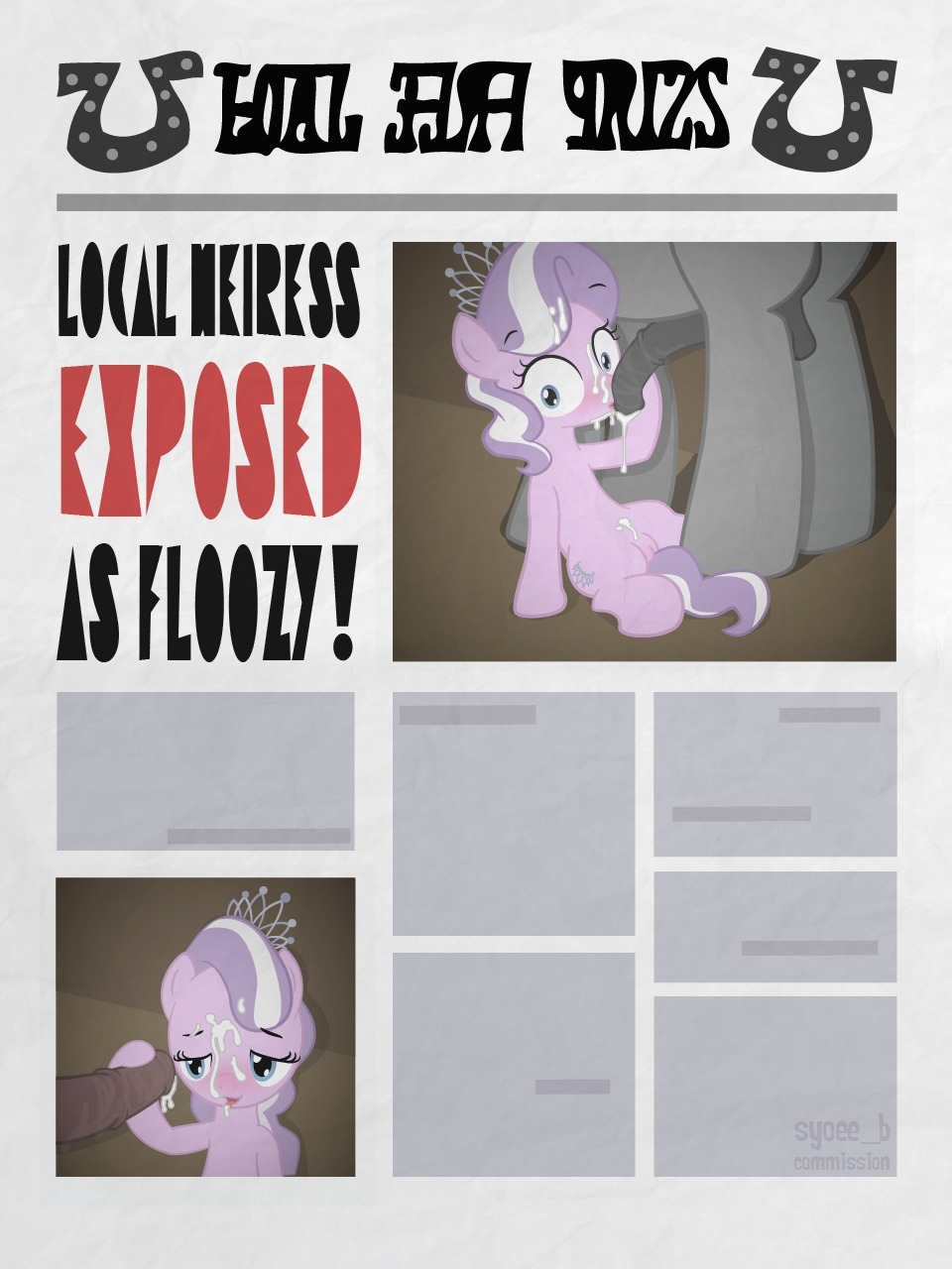 2012 3:4 blush bodily_fluids crown cum cum_on_face cutie_mark diamond_tiara_(mlp) duo e621 earth_pony equid equine female female_focus feral friendship_is_magic genital_fluids genitals hasbro headgear hi_res horse male male/female mammal my_little_pony newspaper oral pony quadruped sex solo_focus syoee_b tail vulva young young_feral