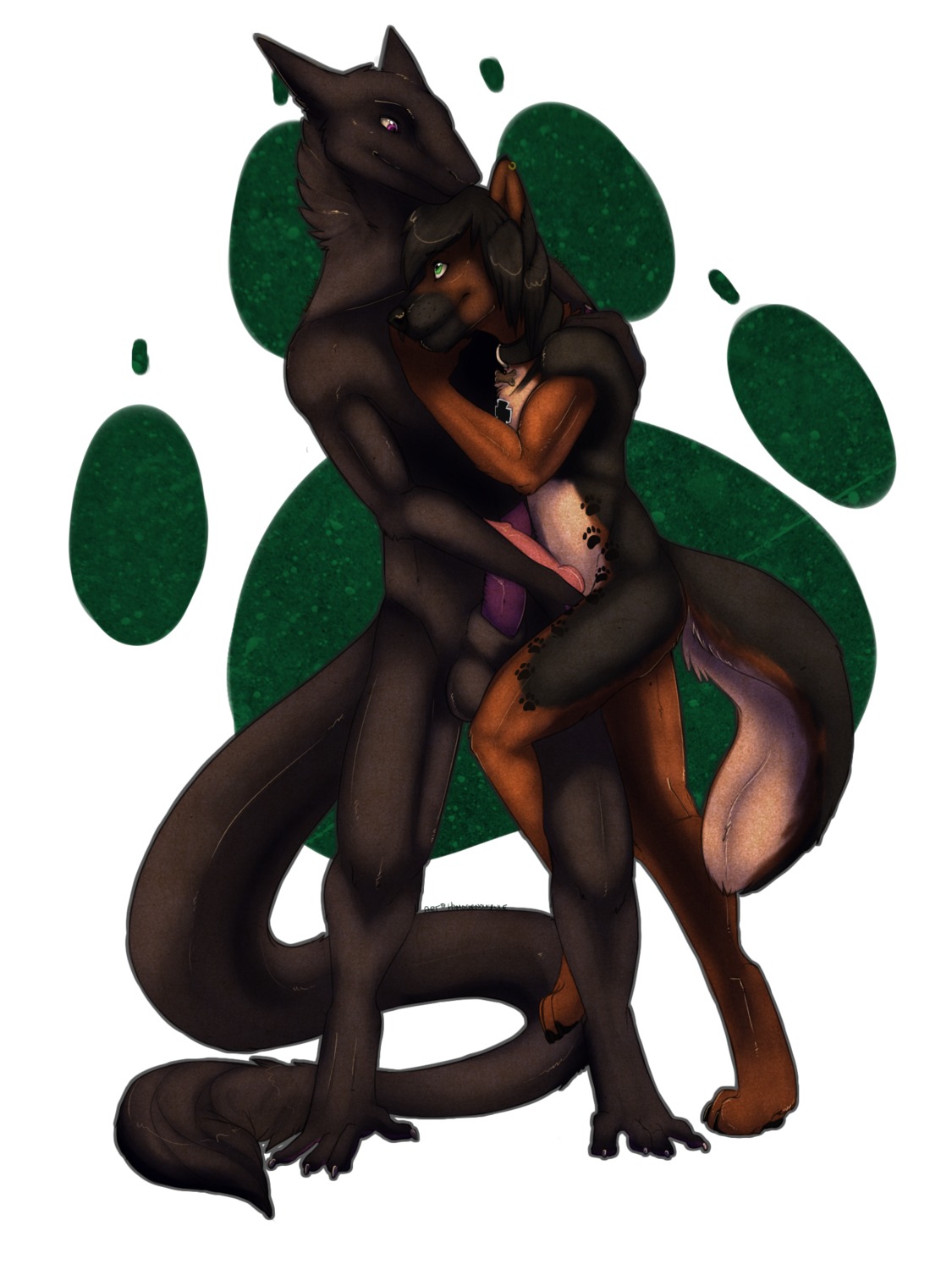 2013 3:4 afevis_(character) animal_genitalia animal_penis anthro balls black_body black_fur black_nose brown_body brown_fur burrwolf butt canid canine canine_genitalia canine_penis canis claws collar cross cross_pattee domestic_dog duo e621 ear_piercing erection feet footprint frottage fur genitals german_shepherd green_eyes hair herding_dog hi_res hindpaw hug iron_cross knot larger_male male male/male mammal markings nude pastoral_dog pawpads pawprint pawprint_(marking) paws penile penis penises_touching piercing purple_eyes sergal sex sheath simple_background size_difference smaller_male smile tail themutt