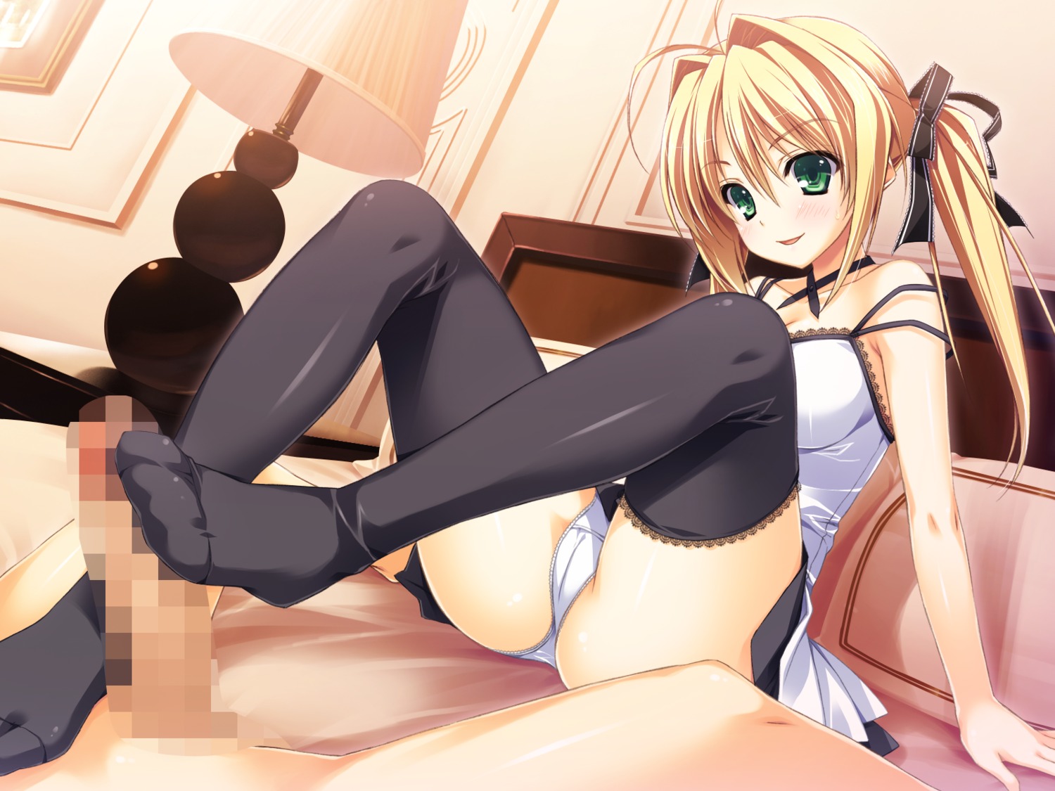blonde_hair censored female game_cg green_eyes kamiyama_reika kourin_no_machi_lavender_no_shoujo male panties penis rule34 thighhighs tied_hair twintails underwear yuuki_hagure