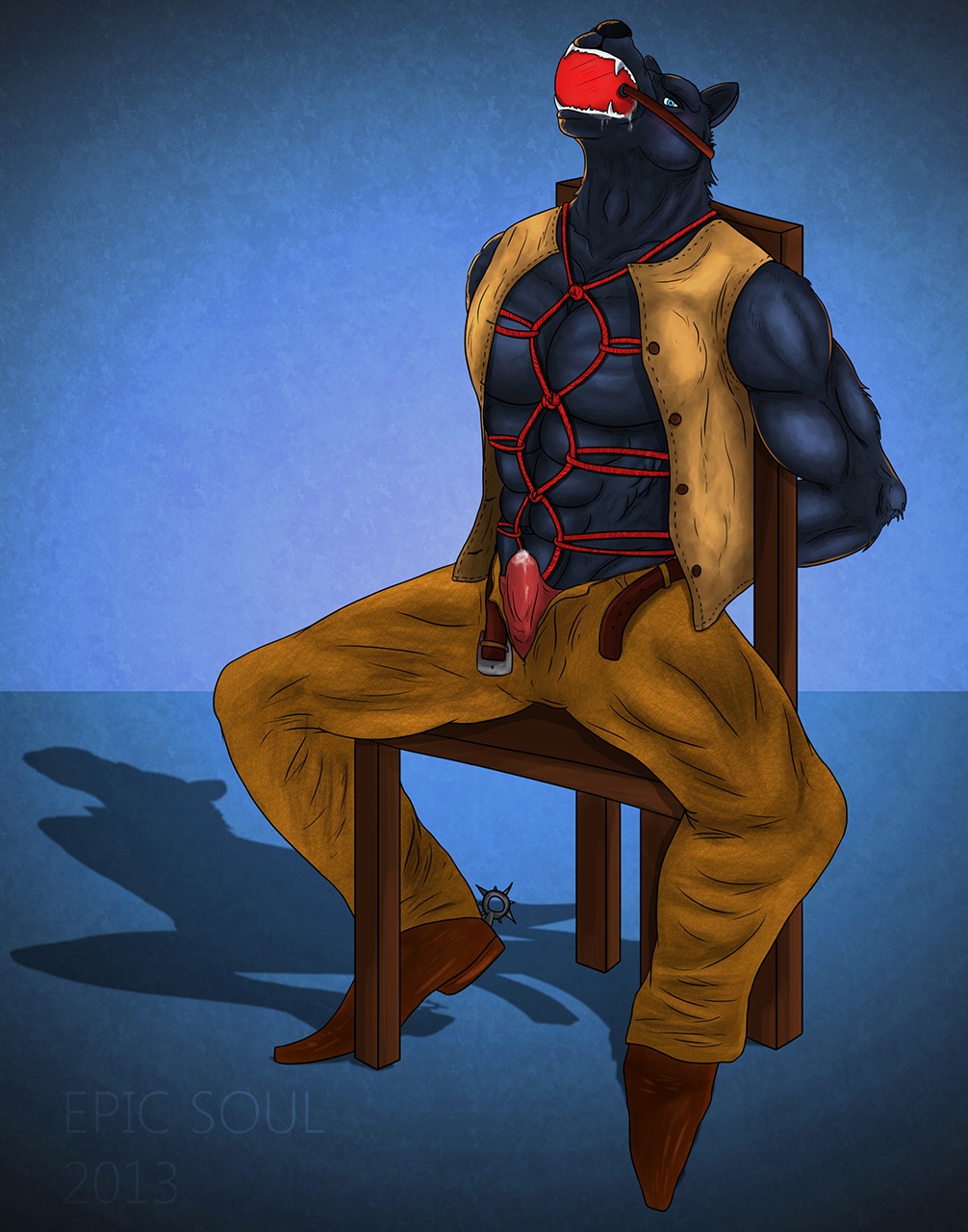 2013 abs anthro athletic ball_gag bdsm belt biceps biped black_body black_fur black_nose blue_background blue_eyes bodily_fluids bondage boots bottomwear bound bulge canid canine canis chair chair_bondage clothed clothing cum cum_in_clothing cum_in_pants cum_in_underwear cum_stain cum_through_clothing cum_through_underwear dripping drooling e621 epic_soul erection fangs footwear fur furniture gag gagged genital_fluids genitals hi_res jacket leaking looking_at_viewer male mammal muscular muscular_anthro nipples open_clothing open_mouth open_shirt open_topwear pants partially_clothed pecs penis precum rope saliva saliva_string shadow shirt shoes simple_background sitting solo submissive submissive_male teeth topwear underwear wet wet_clothing wet_underwear wolf