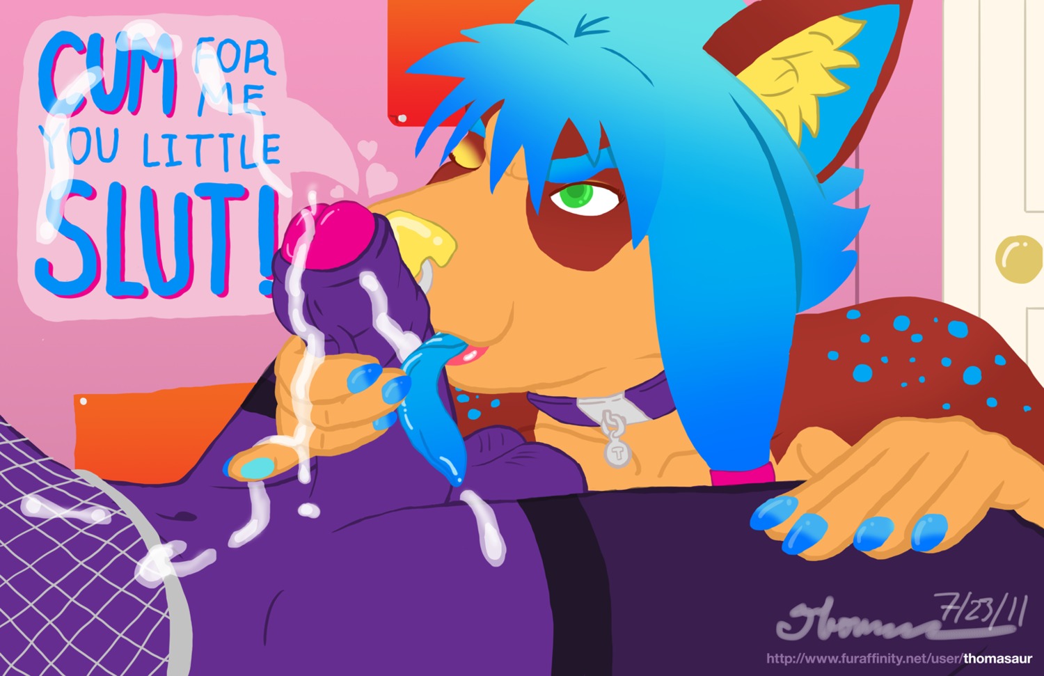 anthro anthro_on_anthro black_clothing black_legwear blue_hair blue_tongue bodily_fluids canid canine canis clothed clothing collar crossdressing cum dialogue digital_media_(artwork) domestic_dog door dragon duo e621 ejaculation english_text erection fellatio female femboy fishnet_clothing fishnet_topwear footwear fur furred_dragon furred_scalie genital_fluids genitals green_eyes grey_clothing grey_topwear hair heart_symbol herding_dog legwear licking male male/female mammal messy multicolored_penis mythological_creature mythological_scalie mythology oral pastoral_dog penile penis penis_lick piercing purple_body purple_penis purple_skin scalie sex shirt socks sparklefur text thigh_highs thigh_socks thomasaur tongue tongue_out topwear translucent translucent_clothing translucent_legwear translucent_topwear two_tone_penis welsh_corgi yellow_nose