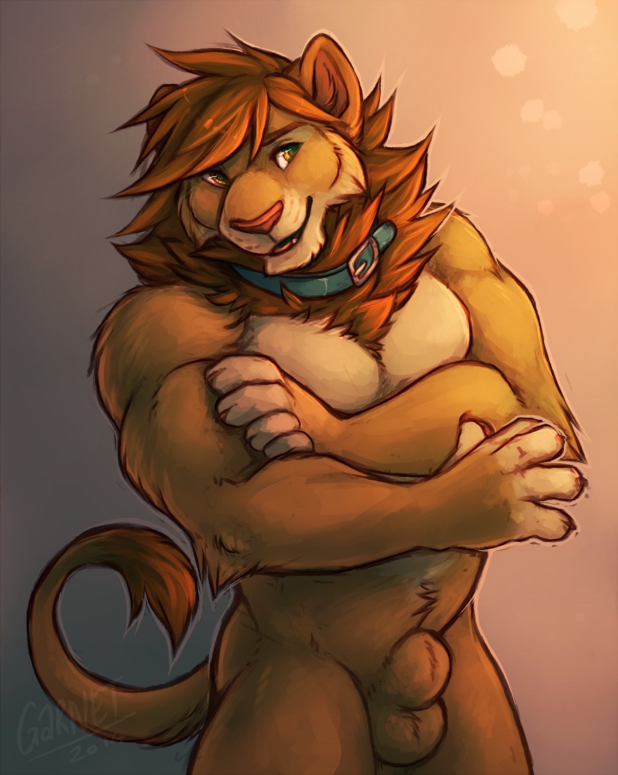 2014 animal_genitalia anthro balls biceps biped brown_hair collar conditional_dnp e621 felid fully_sheathed garnetto genitals hair lion male mammal muscular muscular_anthro muscular_male nude pantherine pecs pink_nose pose sheath solo tail tamari