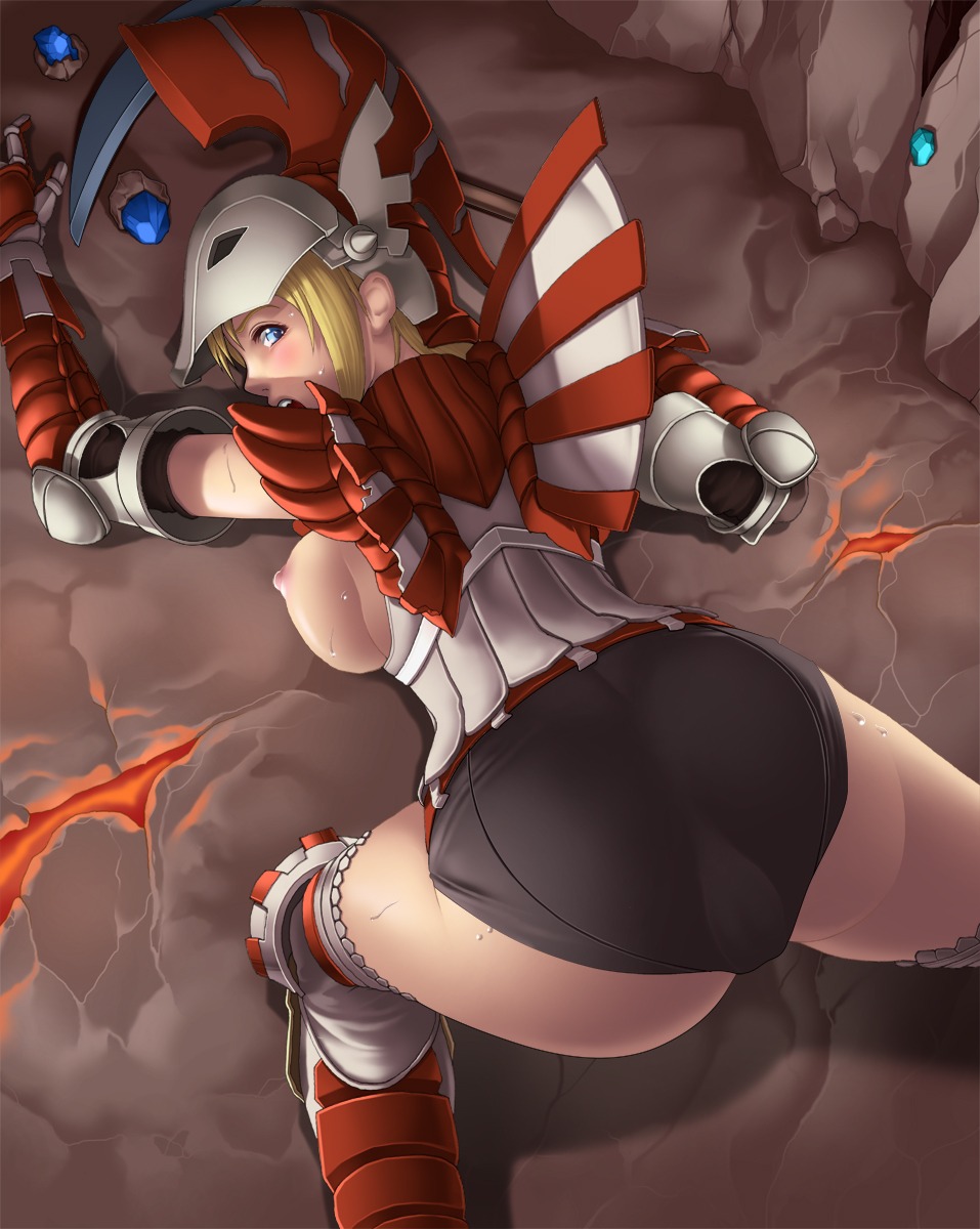 agnaktor_(armor) armor ass bent_over blonde_hair blue_eyes breasts capcom deep_rising female gem helmet highres jewel monster_hunter rule34