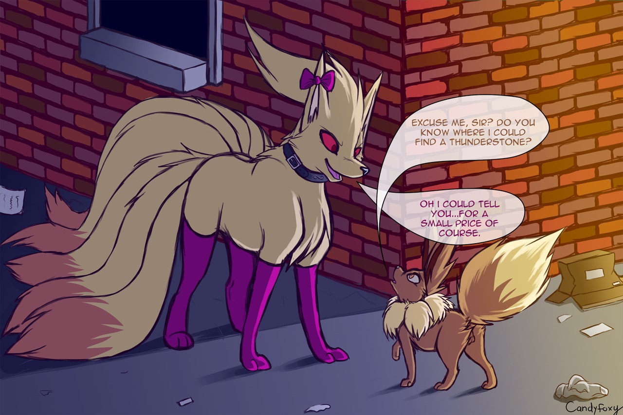 all_fours balls bow_(feature) bow_accessory brown_body brown_fur candyfoxy canid canine clothed clothing collar crossdressing dialogue digital_media_(artwork) duo e621 ear_bow eevee english_text femboy feral fur generation_1_pokemon genitals legwear male mammal multi_tail ninetales nintendo open_mouth pokemon pokemon_(species) red_eyes ribbons shaded size_difference standing stockings tail text