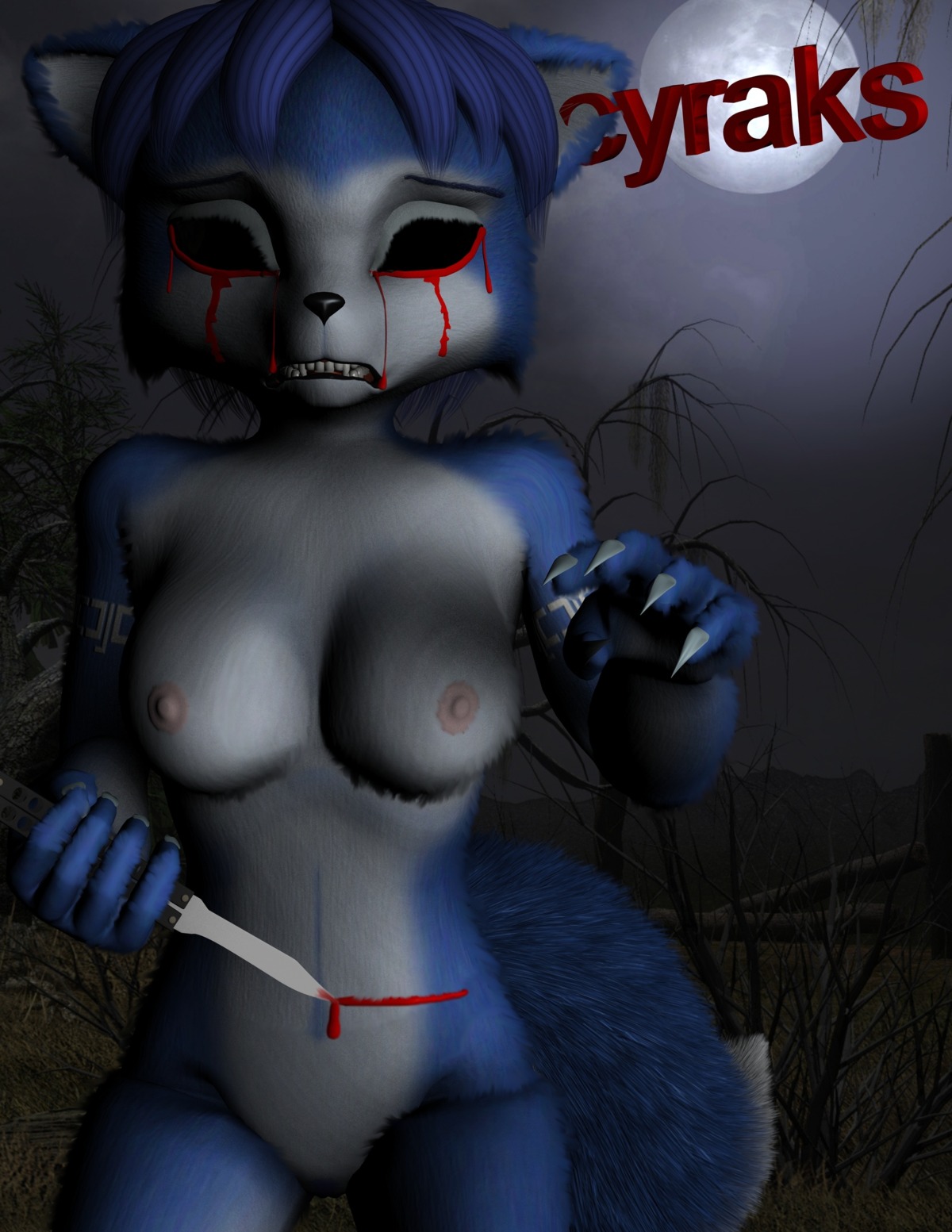 3d black_nose bleeding blood blood_stain bloody_knife bloody_tear blue_fur blue_hair breasts color cyraks ears exposed_breasts female female_only fox fur furry furry_breasts furry_ears furry_tail gore guro hair incision injury knife krystal krystal_(littledragon) moon night nose nudity outdoors pointy_ears rule34 self_harm solo star_fox tail underhand_grip white_fur wound