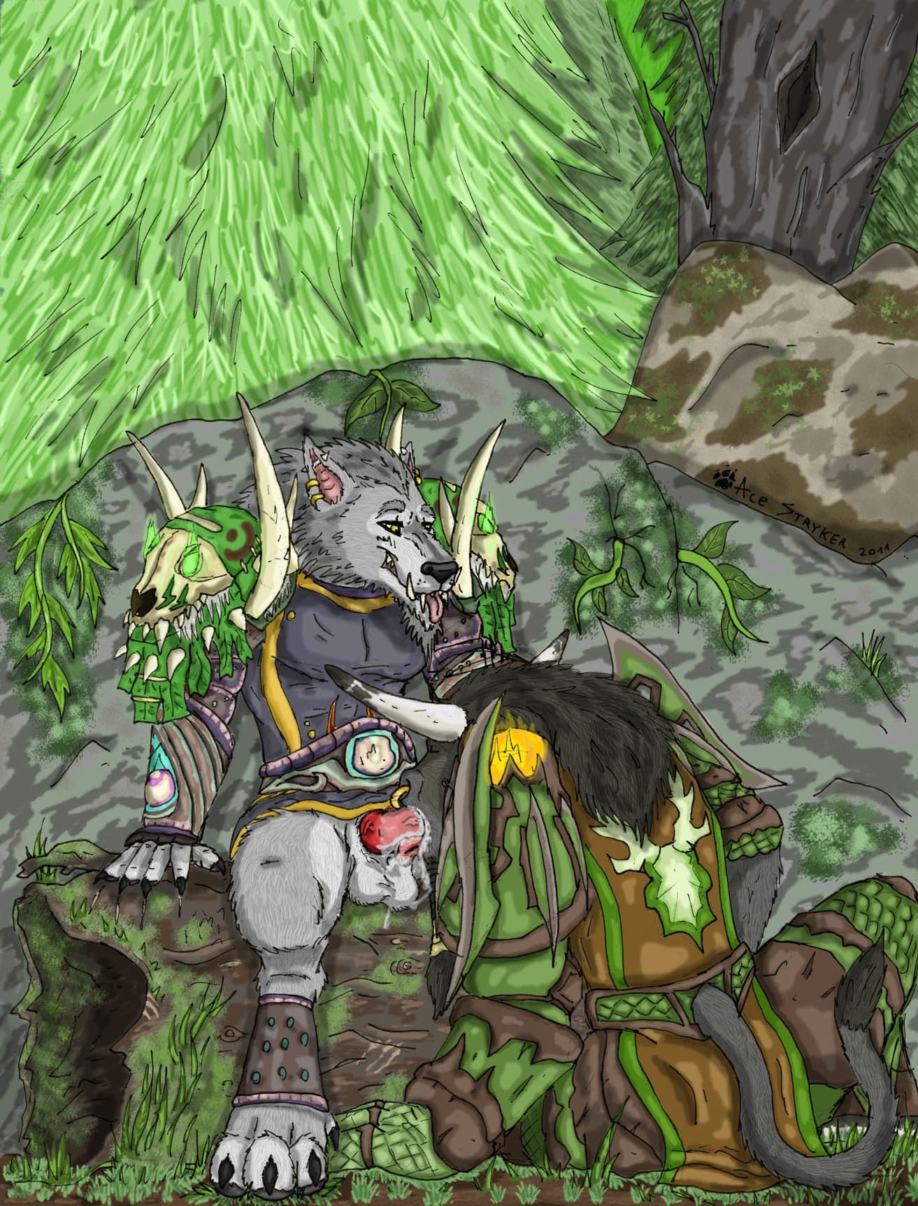 2011 ace_stryker anthro armor balls blizzard_entertainment bodily_fluids bottomless bovid bovine breath canid canine canis clothed clothing cum cum_in_mouth cum_inside detailed_background duo e621 erection facial_piercing fellatio forest genital_fluids genitals hi_res male male/male male_penetrated male_penetrating male_penetrating_male mammal nose_piercing nose_ring oral oral_penetration outside panting penetration penile penis piercing plant ring_piercing septum_piercing sex sitting tail tauren tree warcraft werecanid werecreature wood worgen