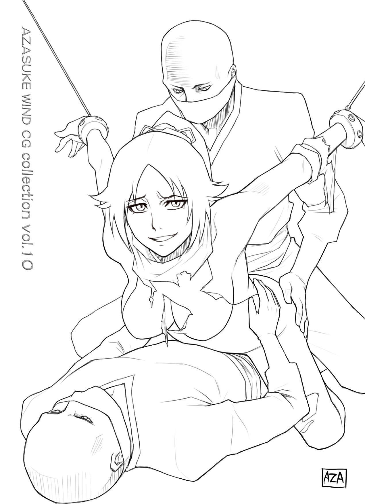 azasuke bleach bondage female line_art monochrome rape rule34 sandwich_position sandwiched sex shihouin_yoruichi torn_clothes torn_clothing