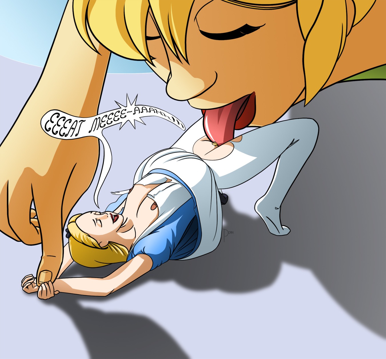 2girls alice_(disney) alice_in_wonderland alice_in_wonderland_(1951_film) alice_liddell blonde_hair breasts closed_eyes cunnilingus disney disney_fairies english_text female hand_on_hand lesbian licking licking_pussy long_hair multiple_females multiple_girls nipples oral oral_sex peter_pan_(1953_film) peter_pan_(disney) pleasure_face porn_(artist) pubic_hair pussy restrained rule34 short_hair size_difference small_breasts tinker_bell tongue tongue_out torn_clothes yuri