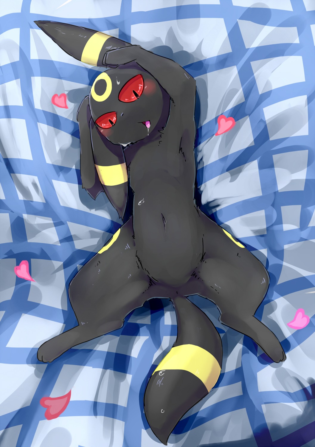 ambiguous_gender anus black_body black_fur black_nose blush bodily_fluids canid canine drooling e621 eeveelution featureless_crotch feral fur furukara generation_2_pokemon heart_symbol hi_res lying mammal navel nintendo on_back pokemon pokemon_(species) raised_arm red_eyes saliva solo spread_legs spreading sweat tongue umbreon