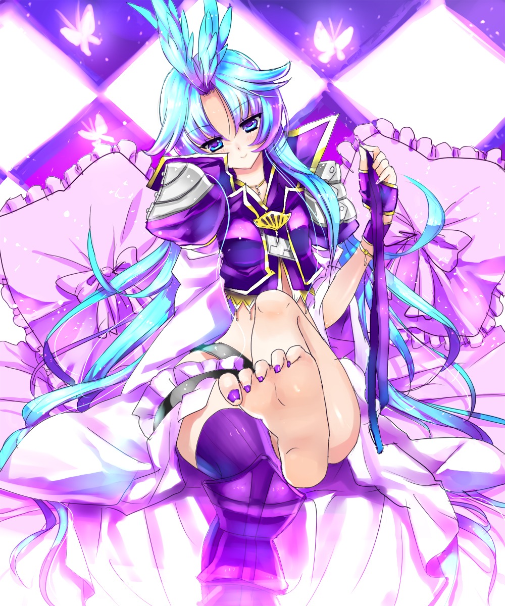 barefoot beige_skin blue_eyes blue_hair blush butterfly closed_mouth clothes color female female_kuja female_only final_fantasy final_fantasy_ix front_view gloves hair human kuja long_hair looking_at_viewer open_eyes pillow rule34 rule_63 sitting smile solo ziz_(pantwo)