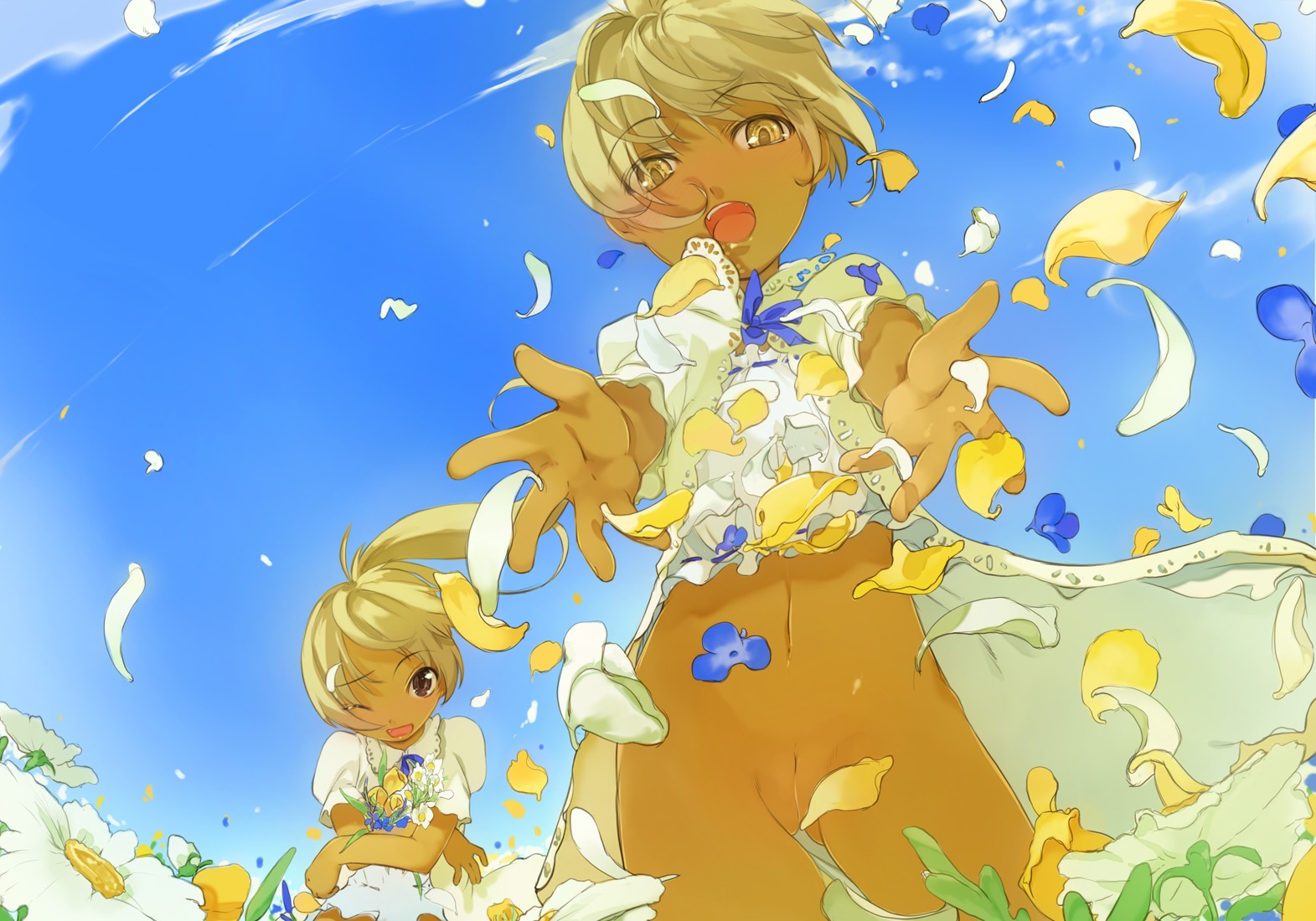 blonde_hair bottomless cleft_of_venus dark_skin female female_only flower foreshortening looking_at_viewer maruku multiple_females multiple_girls navel no_panties original outstretched_arms outstretched_hand petals ponytail rule34 short_hair sky straight_hair tied_hair wind yellow_eyes