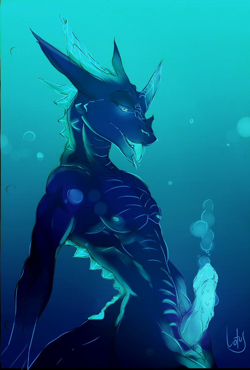 anthro aquatic aquatic_dragon blue_penis bubble dragon e621 erection genitals glowing glowing_genitalia glowing_markings glowing_nipples glowing_penis glowing_tongue hi_res lotusgarden male markings mythological_creature mythological_scalie mythology nipples nude penis scalie solo tail tongue tongue_out underwater water