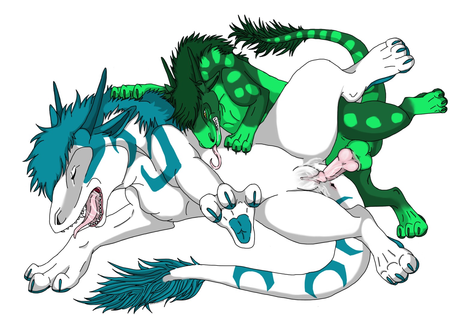 absurd_res anus balls blue_body blue_hair blue_scales bodily_fluids claws clenched_teeth cum cum_in_vagina cum_inside cum_on_penis cum_on_vulva digital_media_(artwork) dragon duo e621 erection feet female female_penetrated feral feral_on_feral genital_fluids genitals green_body green_hair green_scales hair hi_res hindpaw horn jewlzmishta4ever larger_female larger_penetrated lying male male/female male_penetrating male_penetrating_female mammal multicolored_body multicolored_scales mythological_creature mythological_scalie mythology nude on_side open_mouth orgasm paws penetration penile penile_penetration penis penis_in_vagina saliva scales scalie sex sharp_teeth simple_background size_difference smaller_male spooning tail teeth toe_claws tongue tongue_out two_tone_body two_tone_scales vaginal vaginal_fluids vaginal_penetration vulva white_background white_body white_scales