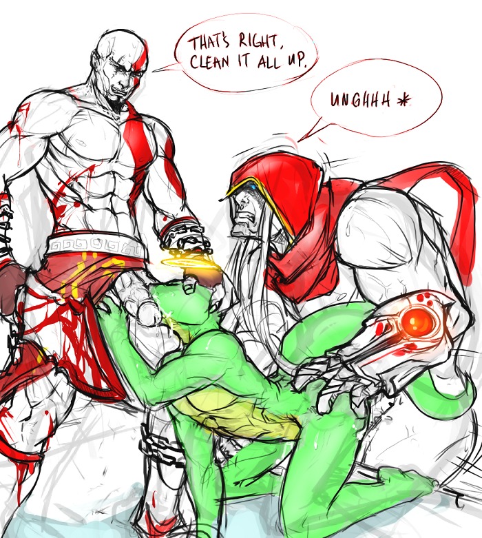 3boys crossover darksiders gay god_of_war interspecies kratos male male_only multiple_males nude rule34 sex threesome war_(darksiders) yaoi