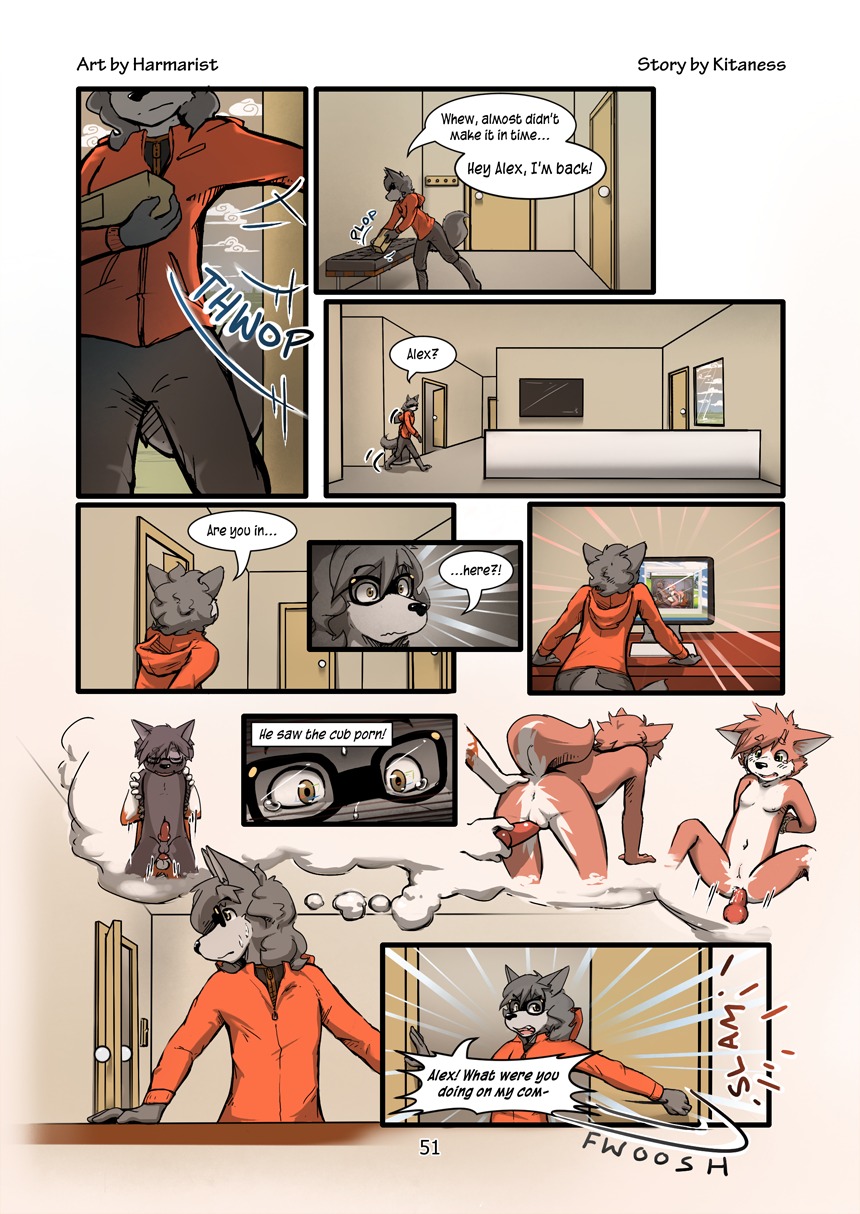 adolescent akita anal anal_penetration angry anthro anus backsack balls bdsm bench bisexual bodily_fluids bondage bottomwear bound breasts butt canid canine canis child child_on_child clothed clothed_anthro clothed_male clothing cloud comic computer derek_(kitaness) dialogue domestic_dog door_slam e621 electronics english_text erection eyewear female from_behind_position fully_clothed fully_clothed_anthro fully_clothed_male fur genitals glasses group group_sex hands_tied harmarist hi_res hoodie jacket kaoru_(kitaness) keyboard knot looking_at_porn male male/female male/male male_penetrated male_penetrating male_penetrating_male mammal multiple_scenes nude nude_anthro nude_female nude_male number package page_number panicking penetration penis pornography presenting presenting_hindquarters raised_tail scared sex sheath_and_knife shorts small_breasts spitz surprised sweat sweatdrop tail tears television text thought_bubble threesome topwear trio vulva will_(harmarist) wolf yoko_(kitaness) young young_anthro young_male young_on_young zipper