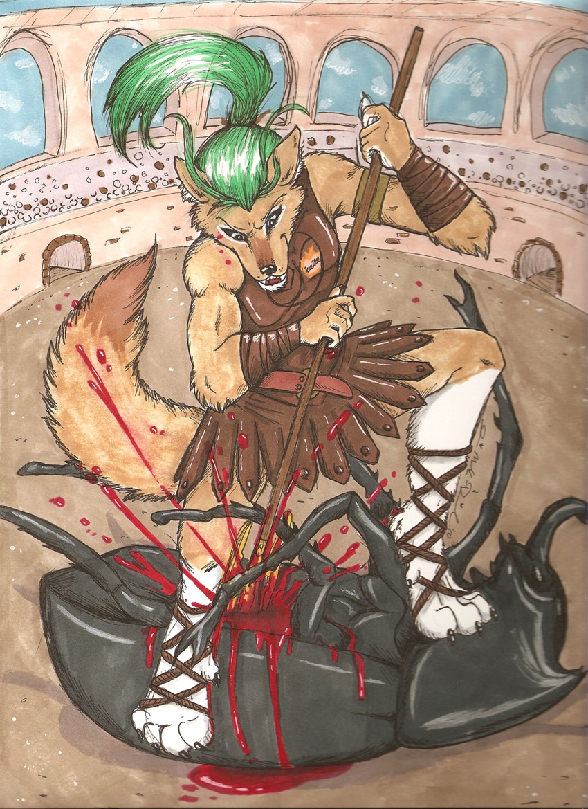 anthro arena arthropod beetle big_tail blood bodily_fluids bottomwear canid canine canis clothed clothing crowd cuddlydeadkitten duo_focus e621 eris feral footwear fur gladiator godzuki gore green_hair group hair insect leather male mammal melee_weapon polearm ponytail roman sandals shoes skirt stab tail trident warrior weapon wolf yellow_body yellow_fur