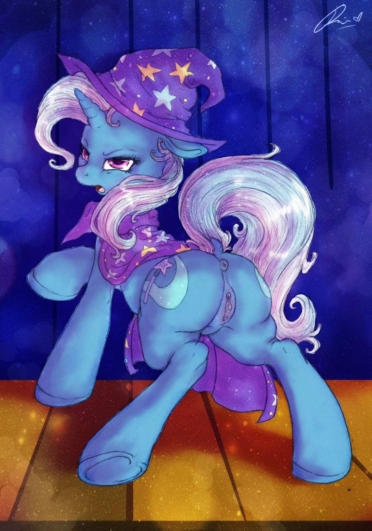 2012 anus butt cape clothing cutie_mark dimwitdog e621 equid equine female feral friendship_is_magic genitals hasbro hat headgear headwear hi_res horn looking_at_viewer looking_back mammal my_little_pony mythological_creature mythological_equine mythology open_mouth purple_eyes quadruped solo tail trixie_(mlp) unicorn vulva wizard_hat