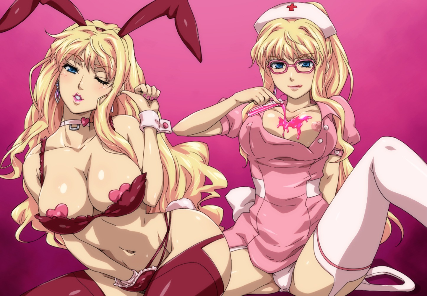 1girls animal_ear blonde_hair blue_eyes bra breasts bunny_ear clothing collar earrings erect_nipples erect_nipples_under_clothes female glasses hairu hand_in_own_panties hand_in_panties hat heart_pasties jewelry large_breasts long_hair looking_at_viewer macross macross_frontier masturbation navel nipple_slip nipples nurse nurse_cap one_eye_closed panties pasties rule34 sheryl_nome solo spread_legs stockings thighhighs underwear vial white_legwear wink winking_at_viewer wrist_cuffs